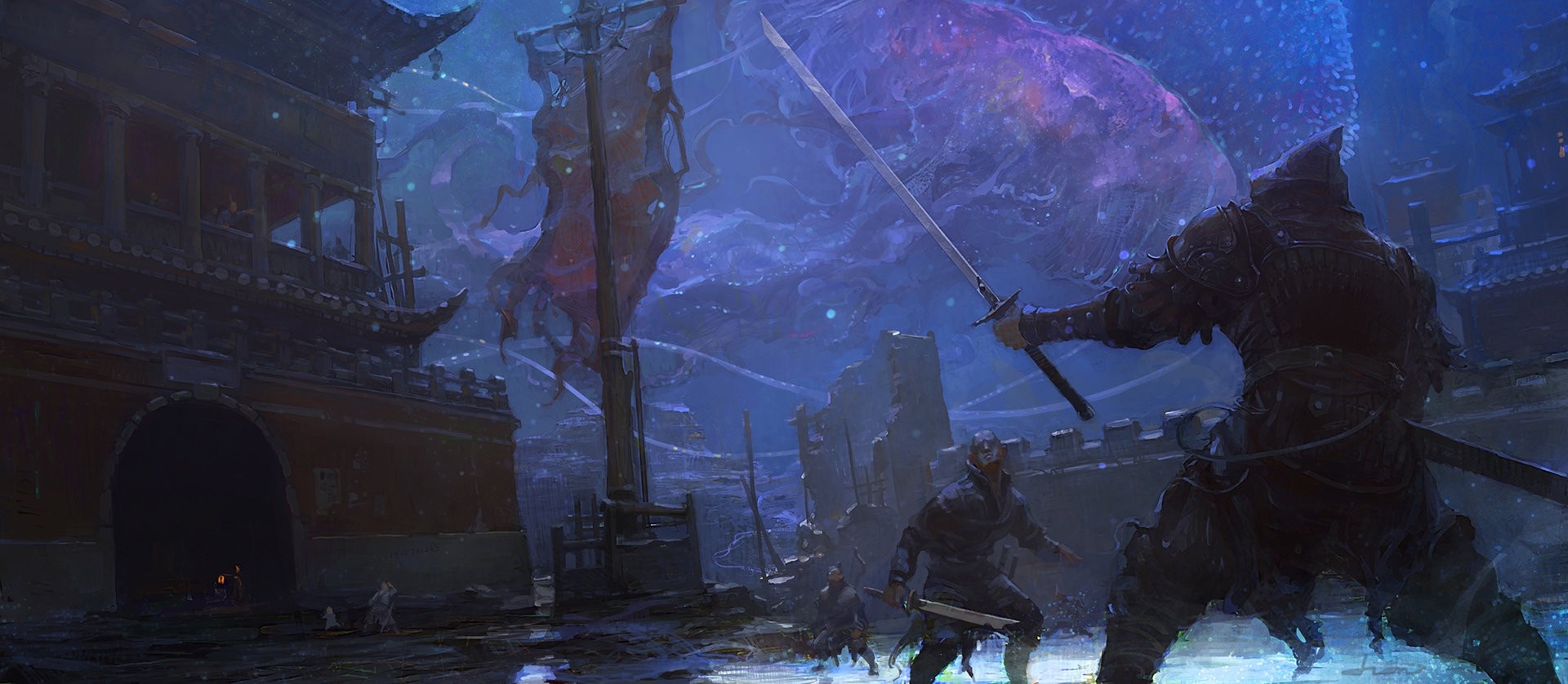 Warriors fighting in a dark, mystical city HD Wallpaper