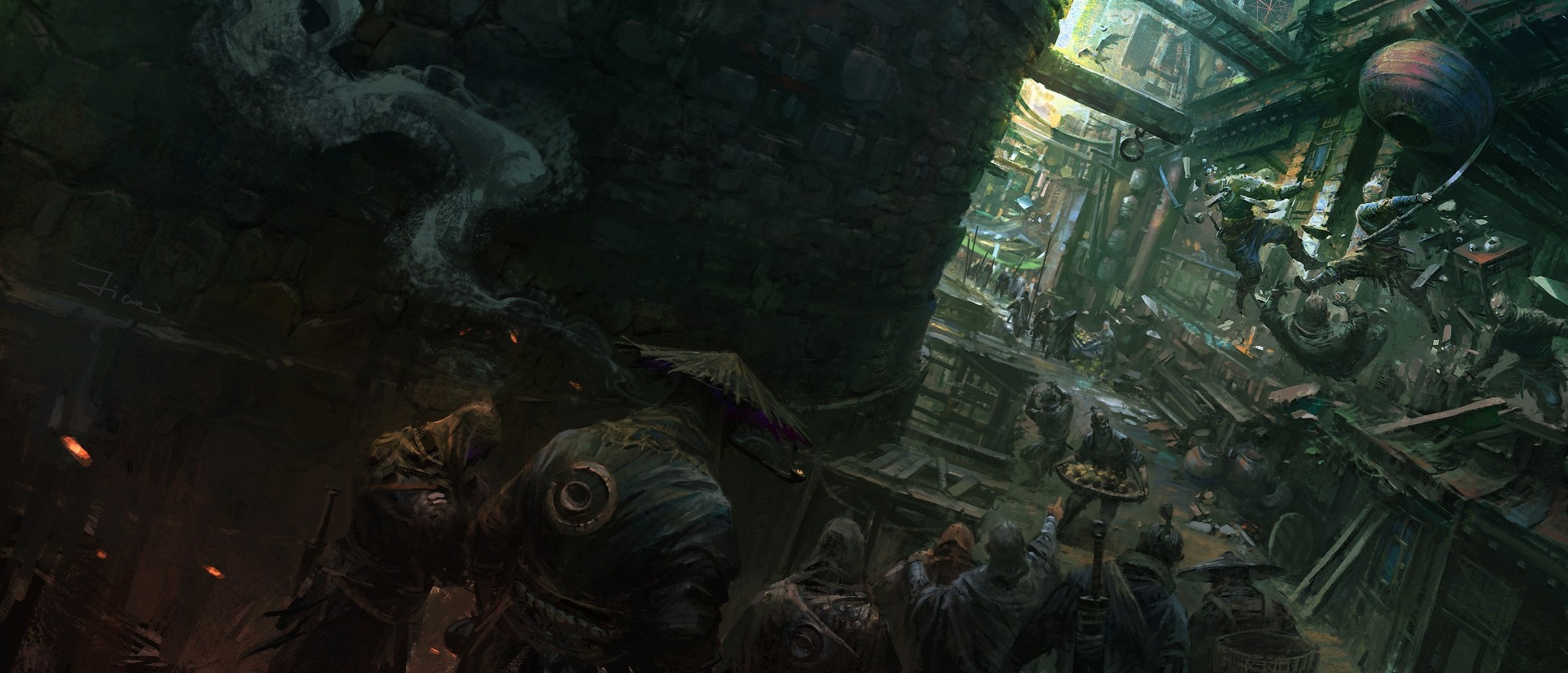 Artwork of a chaotic battle in a dark, multi-level structure HD Wallpaper