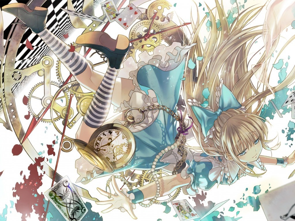 Alice from Alice in Wonderland falling with cards and gears HD Wallpaper