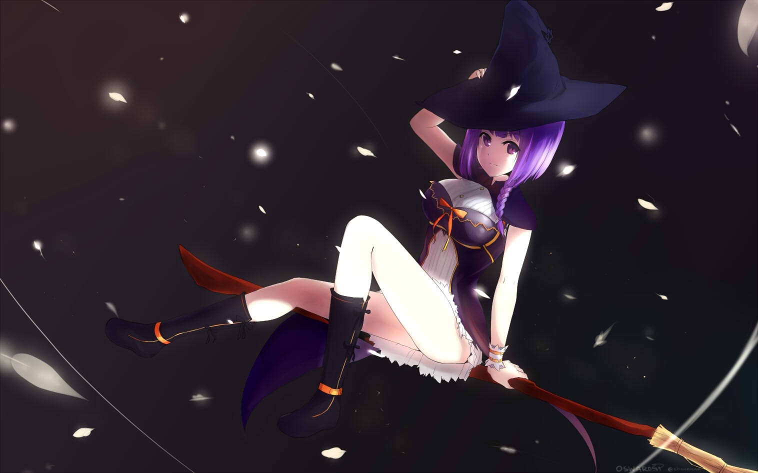 Anime witch with purple hair flying on a broomstick HD Wallpaper