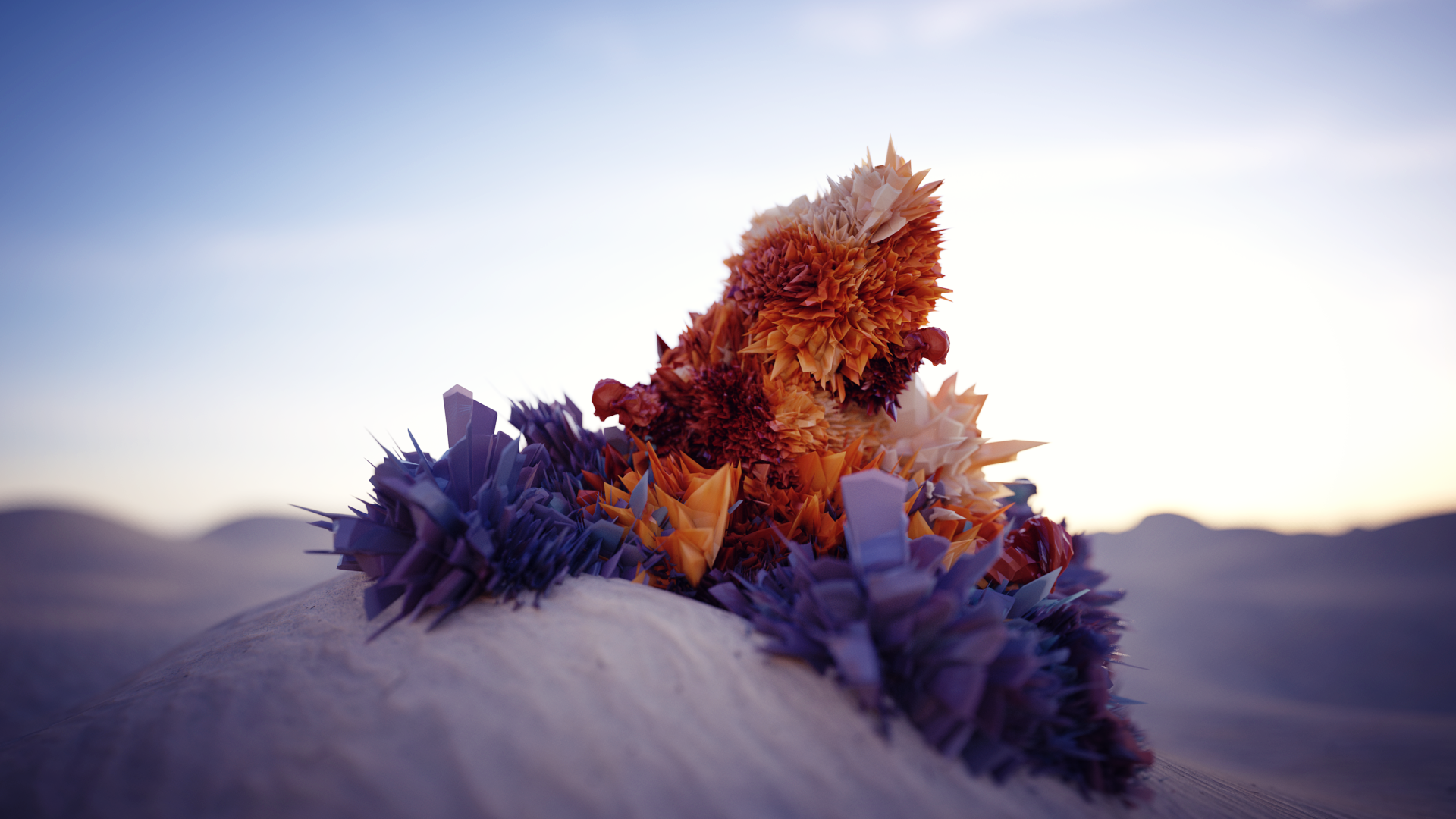 Abstract crystalline structures on a sand dune at sunset HD Wallpaper