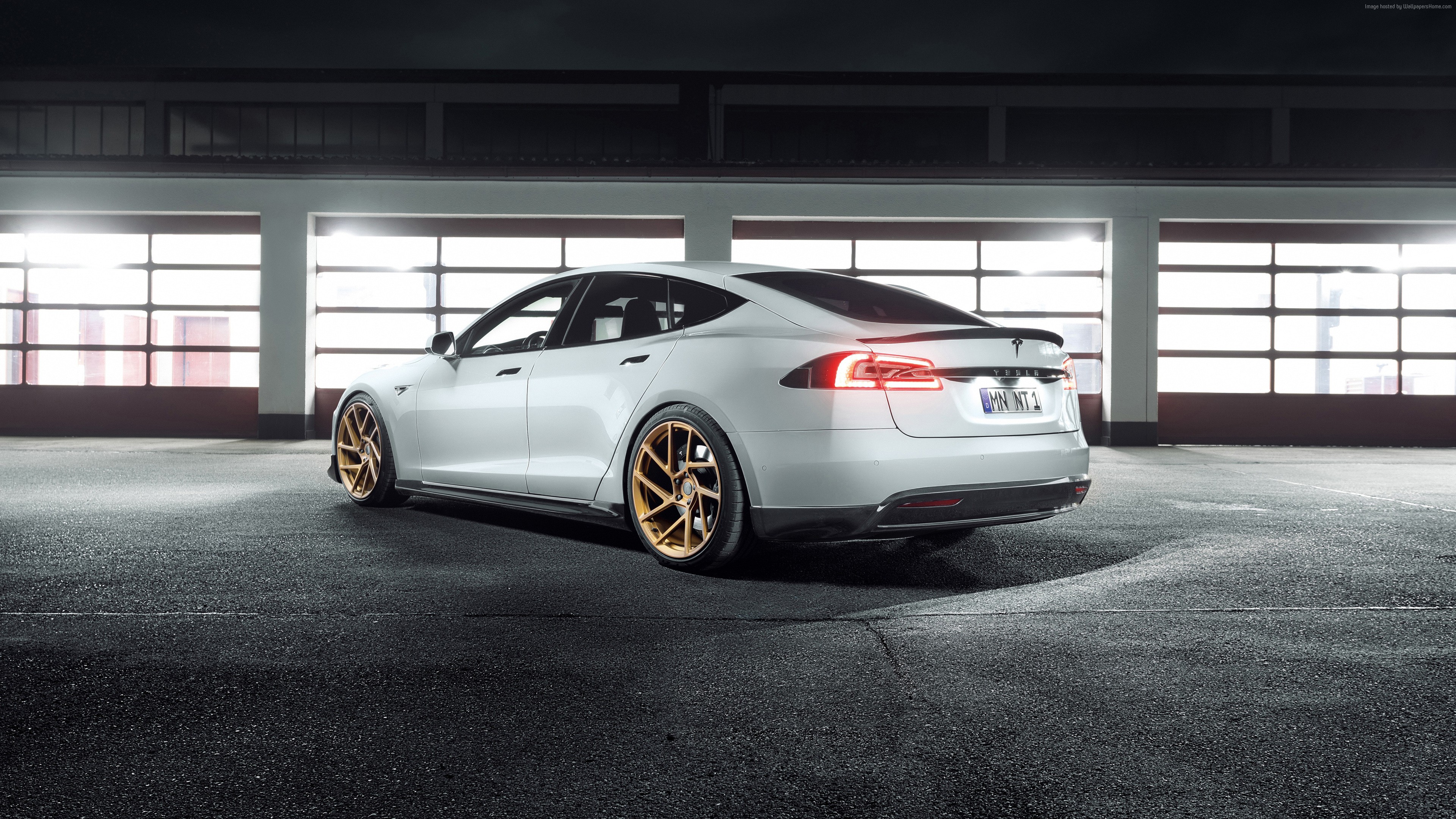 White Tesla Model S with gold rims HD Wallpaper