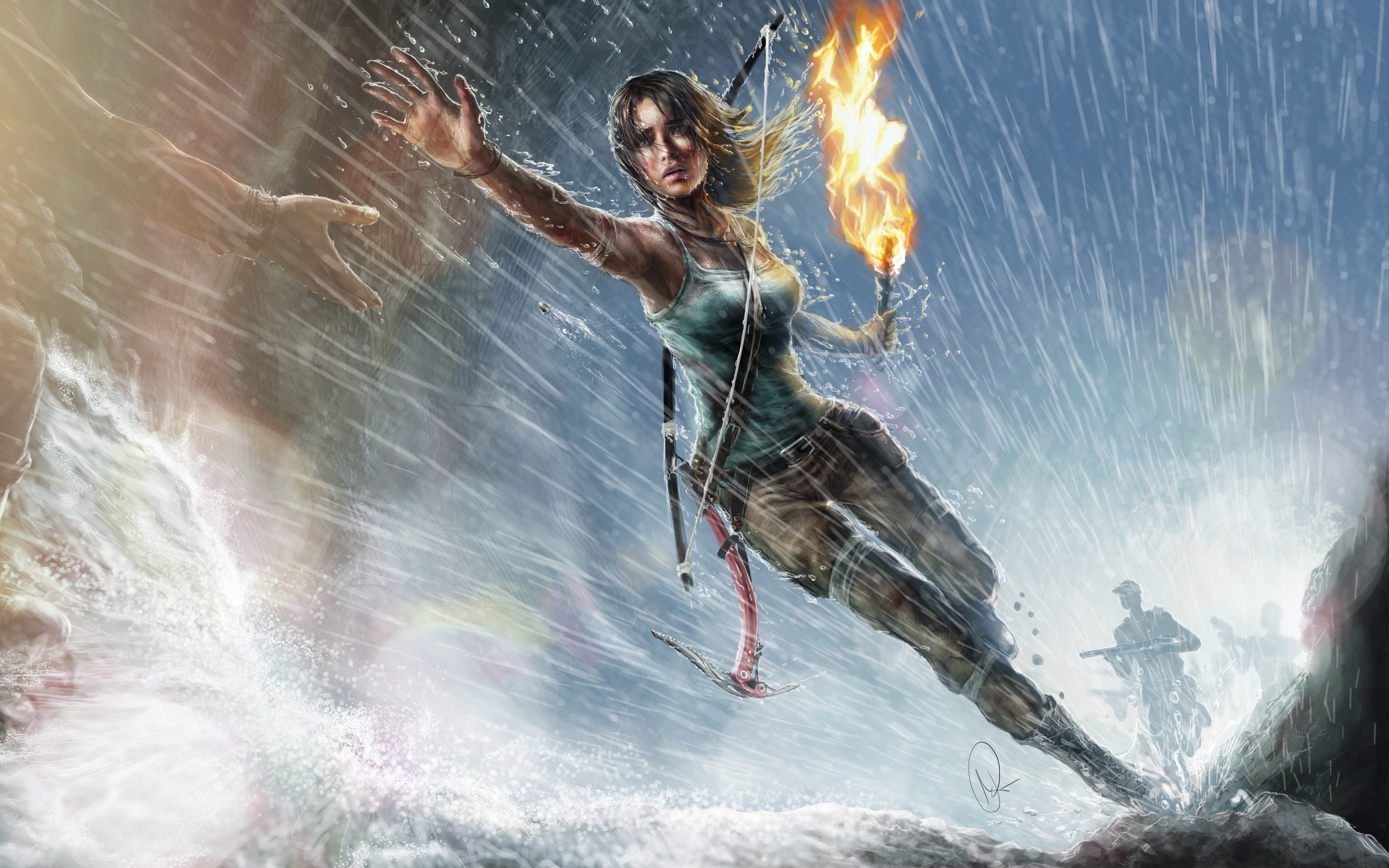 Lara Croft in a storm with a torch HD Wallpaper