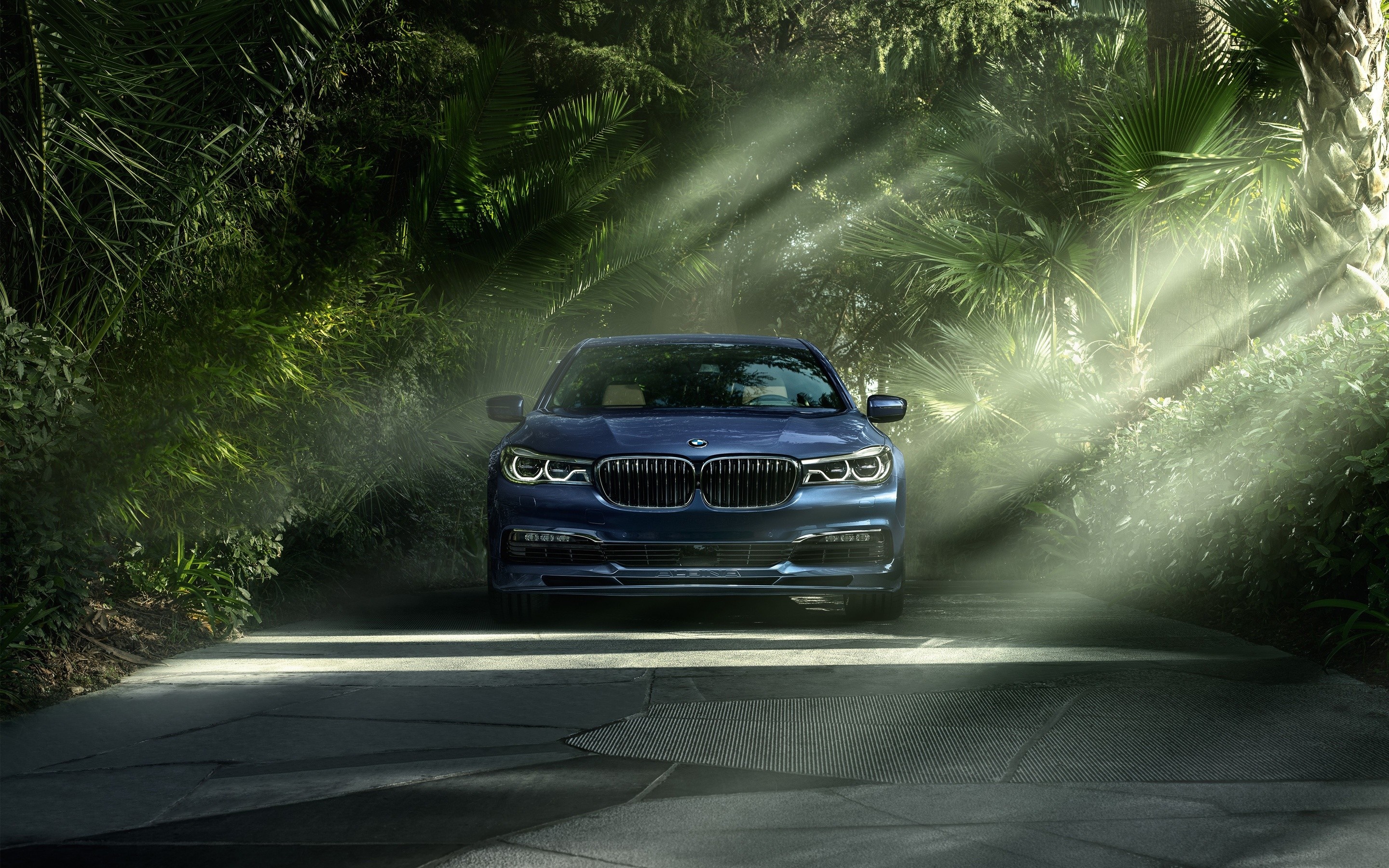 Blue BMW Alpina B7 driving through a forest HD Wallpaper