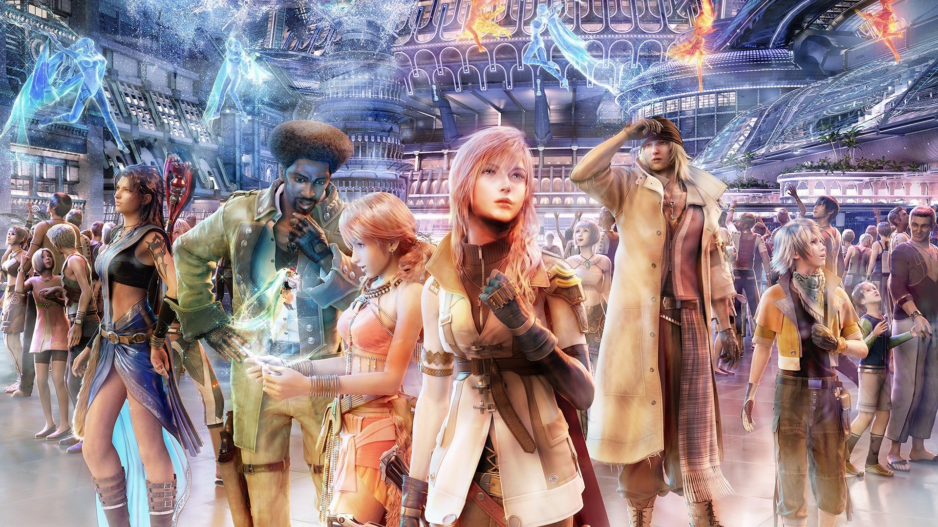Final Fantasy XIII characters in a crowd HD Wallpaper