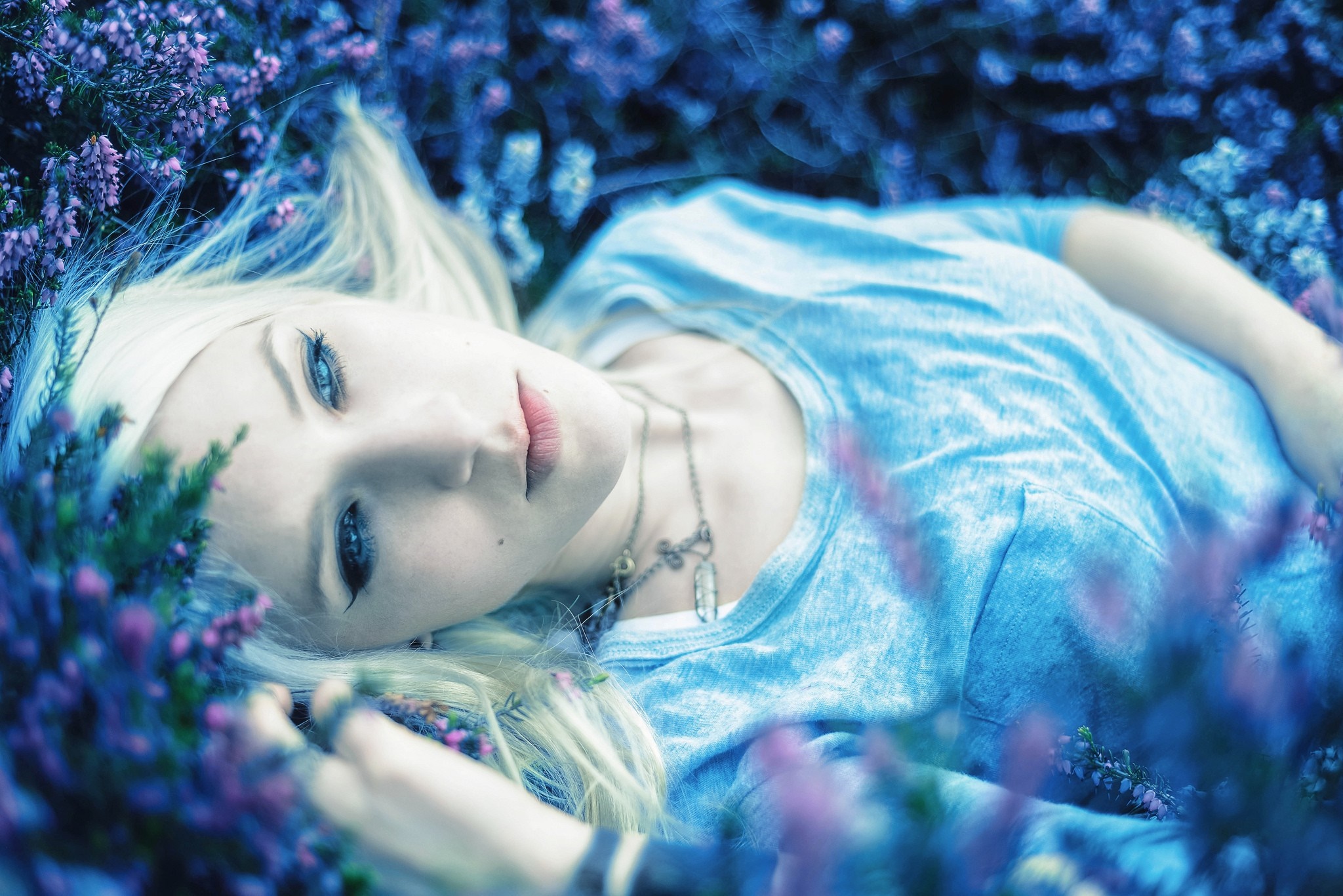Woman with blue eyes lying in purple flowers HD Wallpaper
