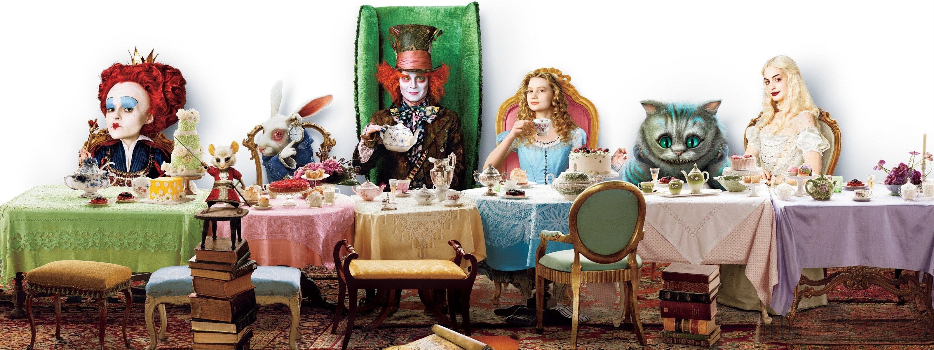Alice in Wonderland characters at a tea party HD Wallpaper