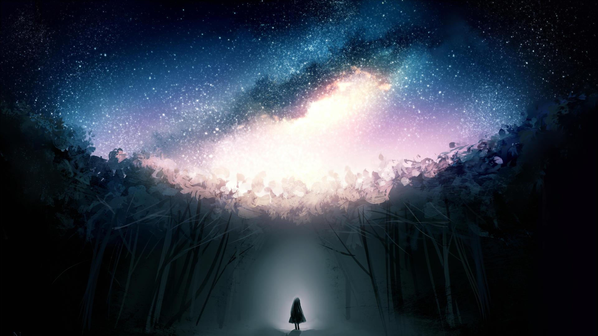 Girl in forest under starry galaxy sky HD Wallpaper