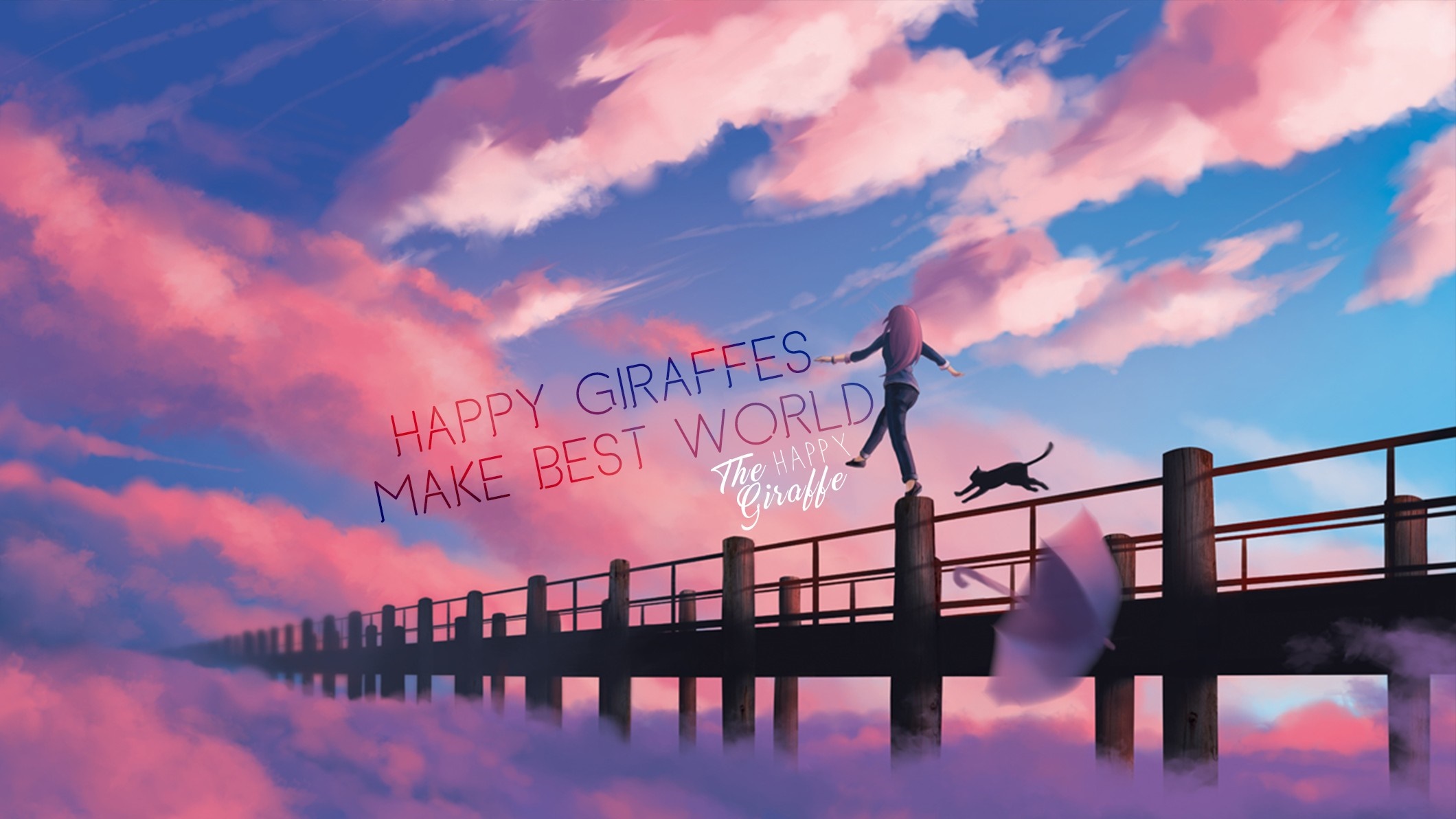 The Happy Giraffe: A girl and cat on a bridge in the clouds HD Wallpaper