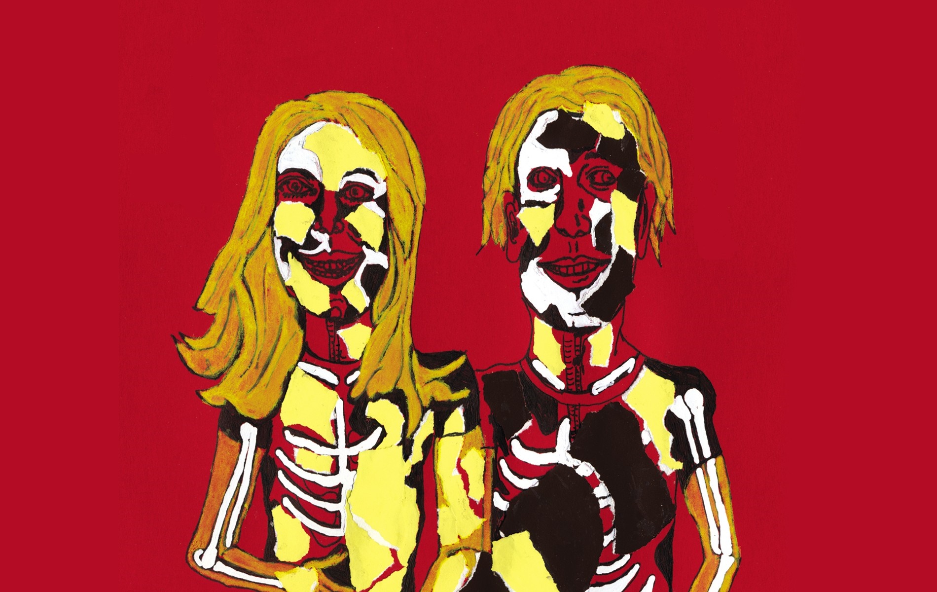 Illustration of two figures with skeleton-like features HD Wallpaper