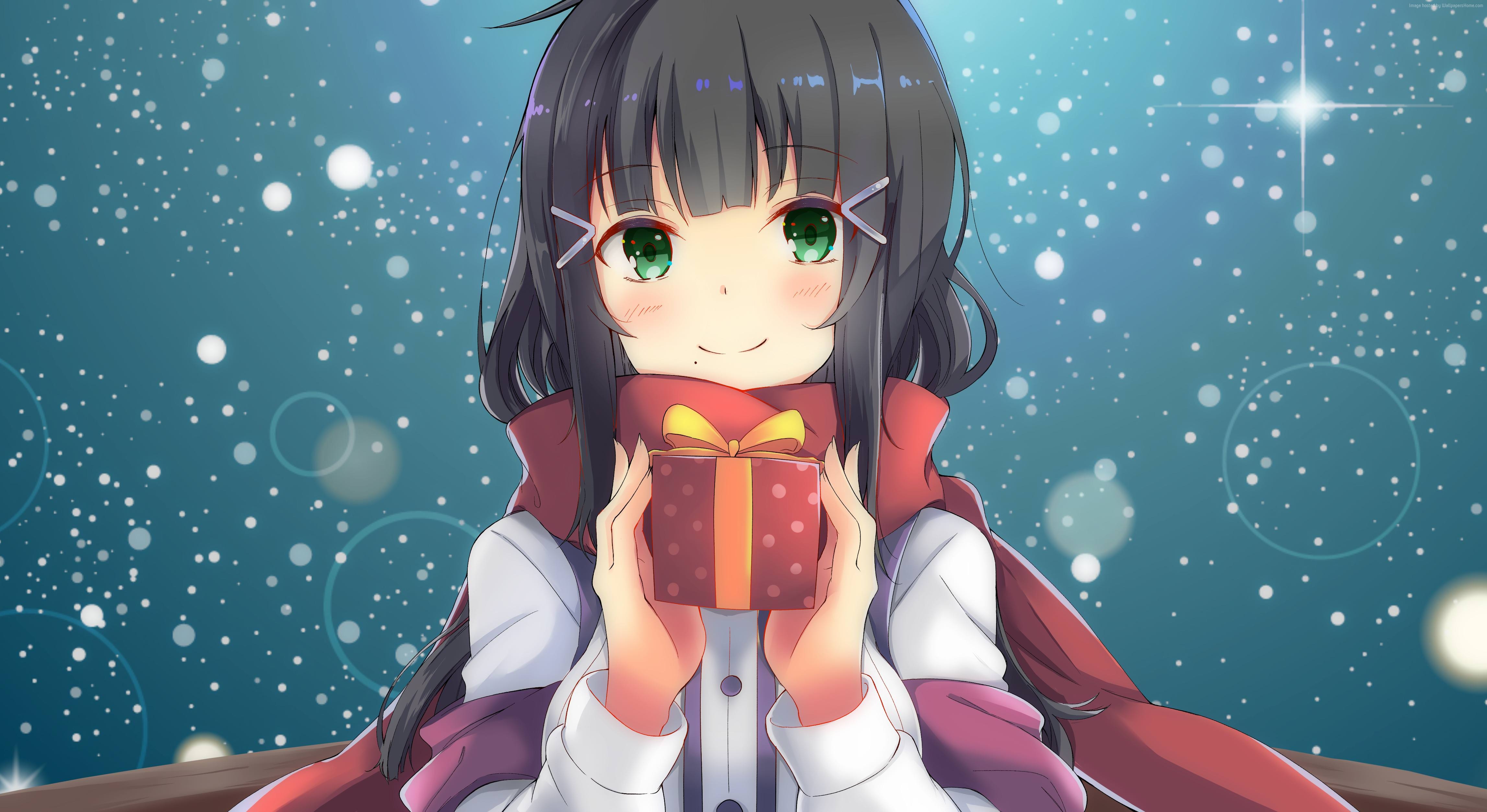 Anime girl with gift on New Year HD Wallpaper