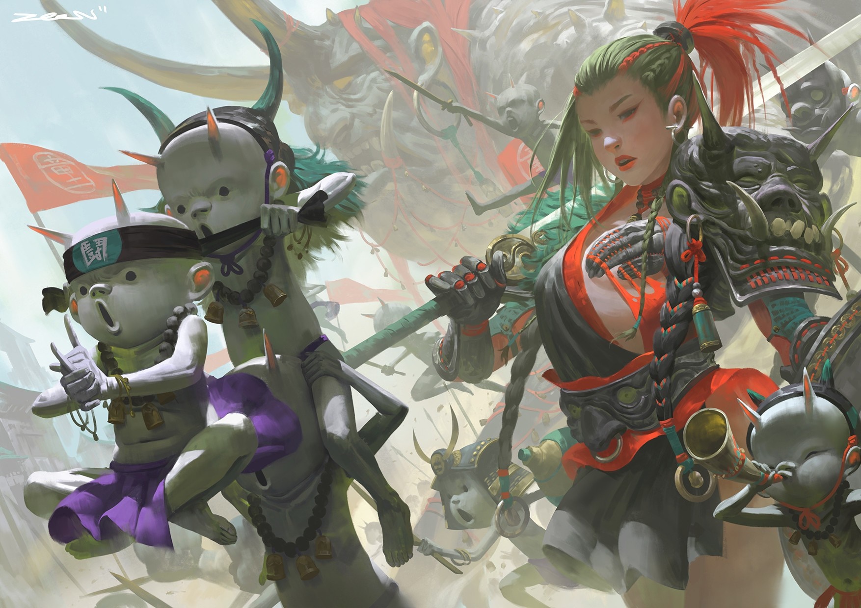 Anime artwork of a female warrior and demonic children HD Wallpaper