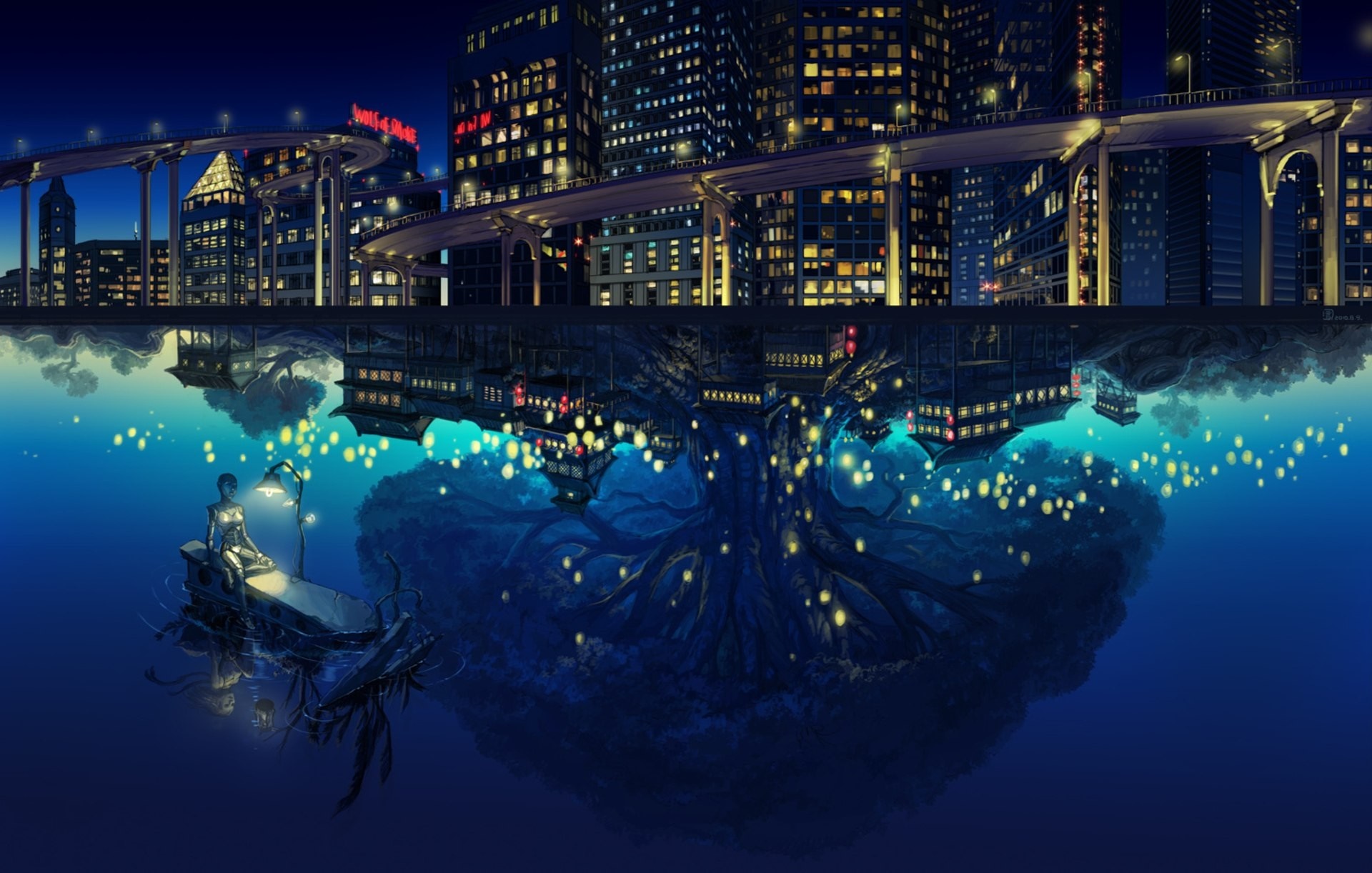 City skyline reflected in water at night with a person in a boat HD Wallpaper