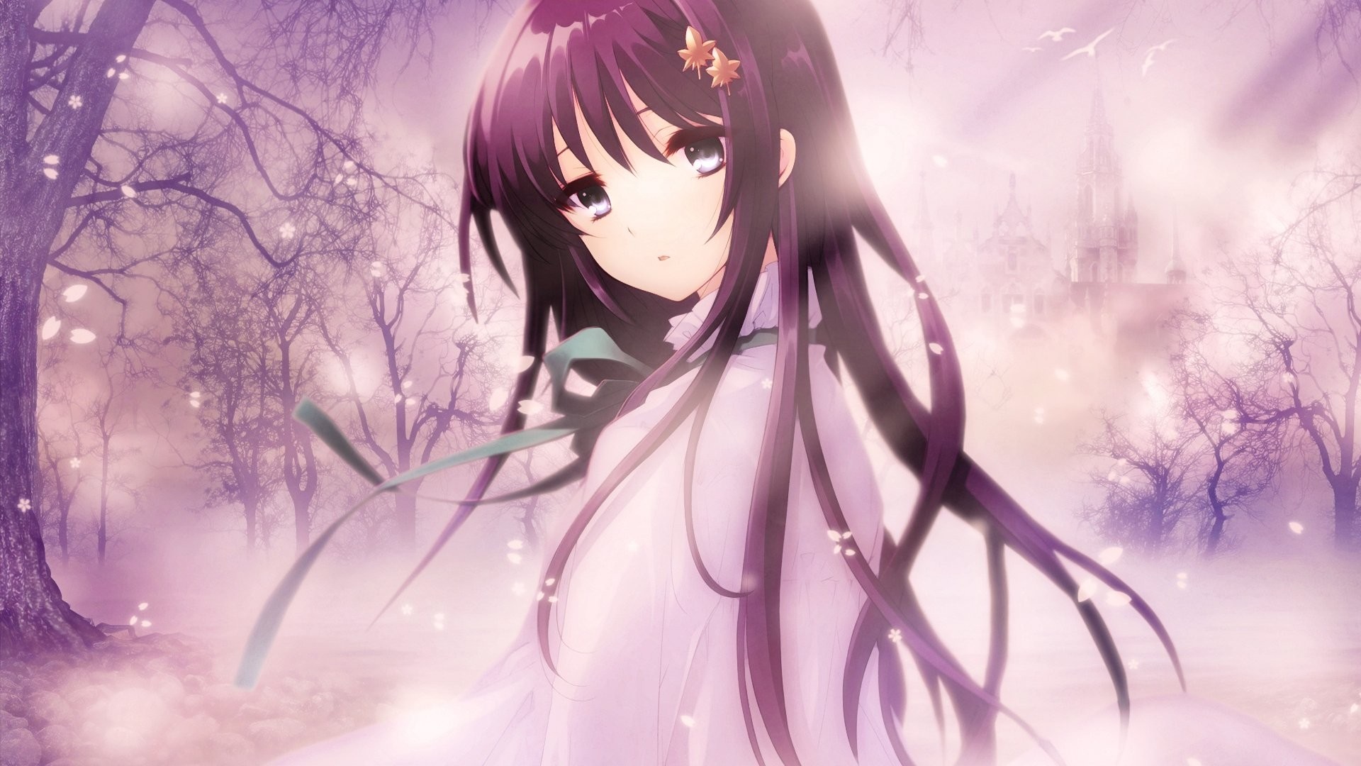 Anime girl in a misty forest with a castle HD Wallpaper