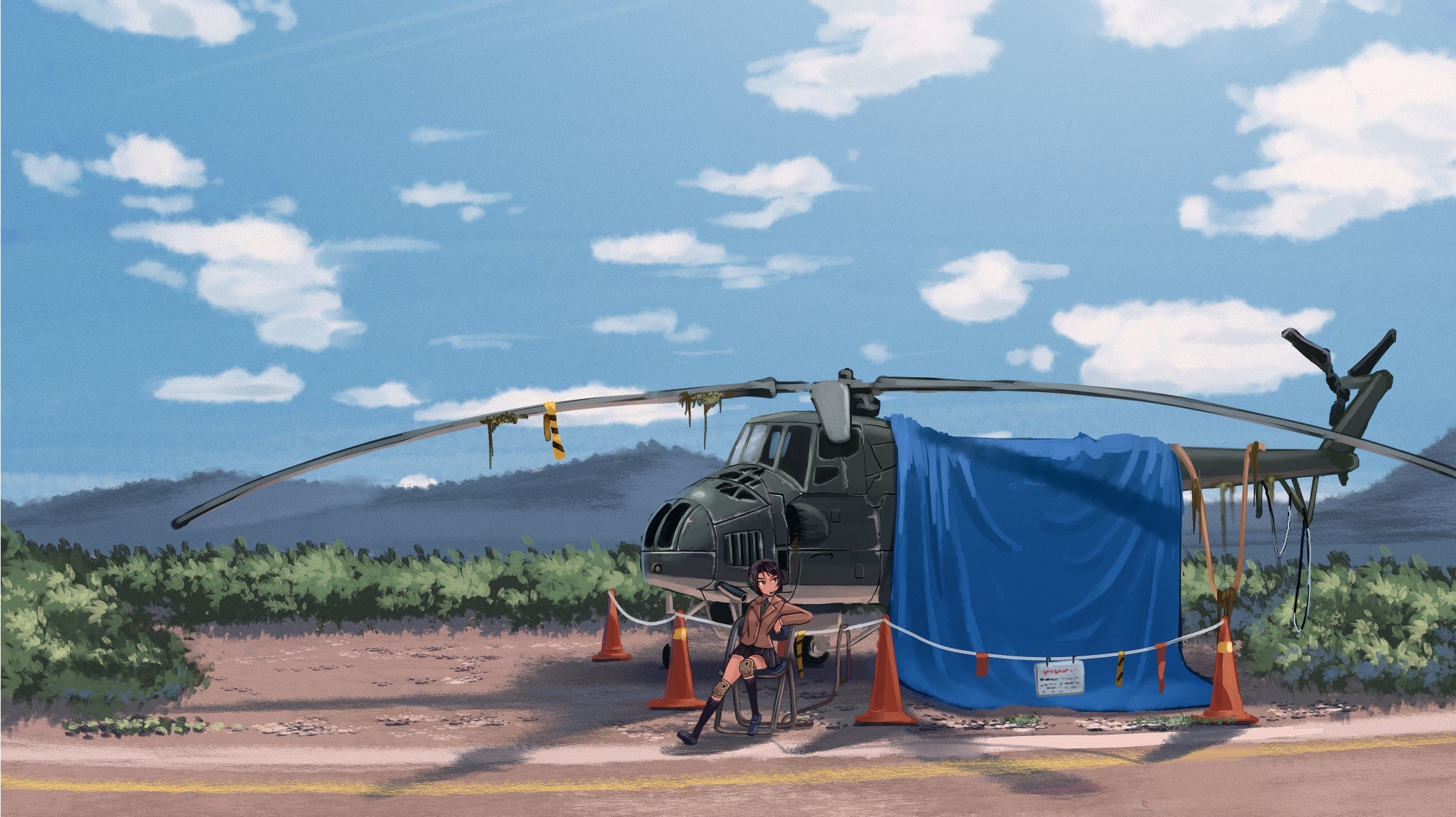 Anime girl sitting by a covered helicopter HD Wallpaper