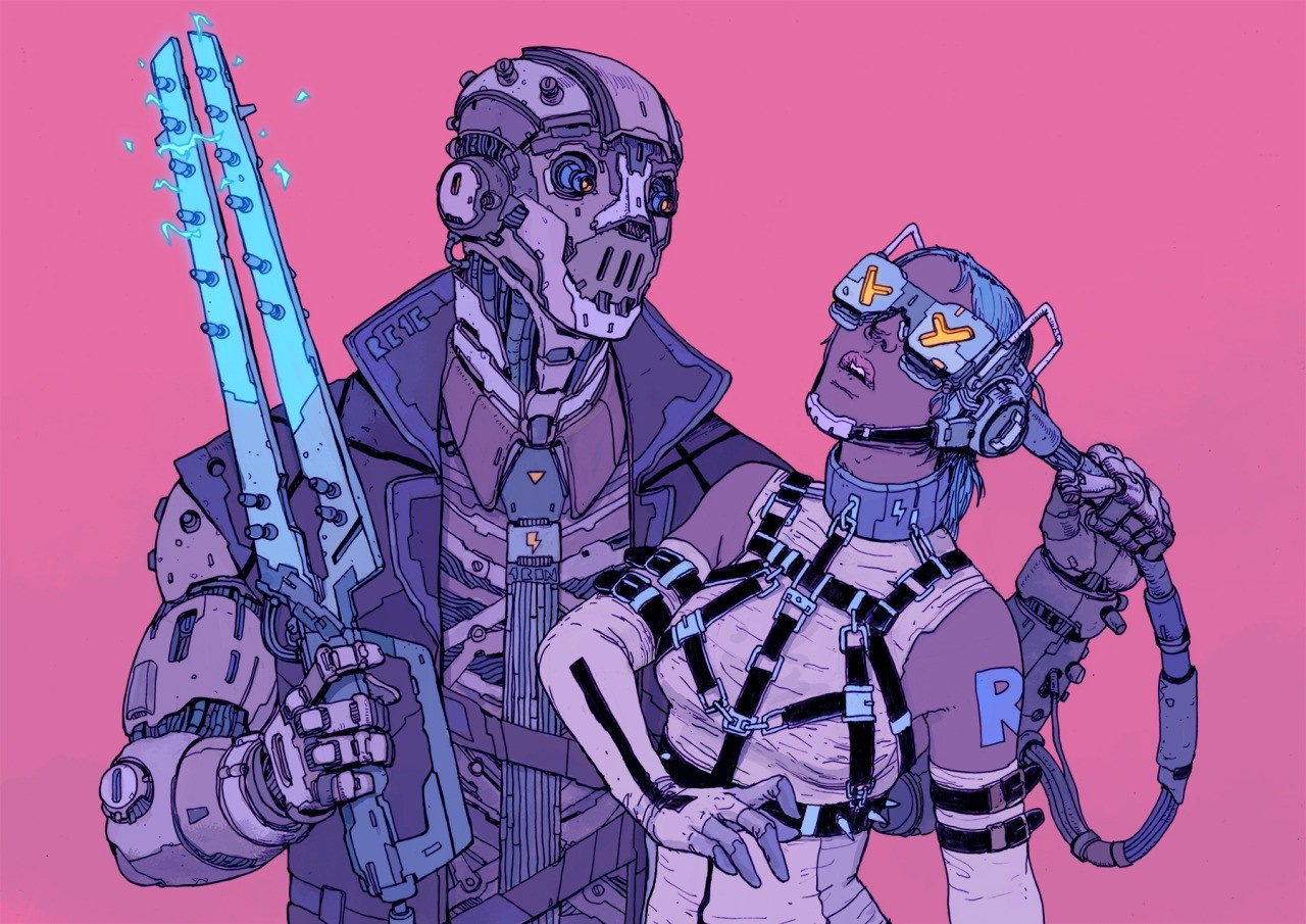 Robot and woman with VR goggles in sci-fi illustration HD Wallpaper