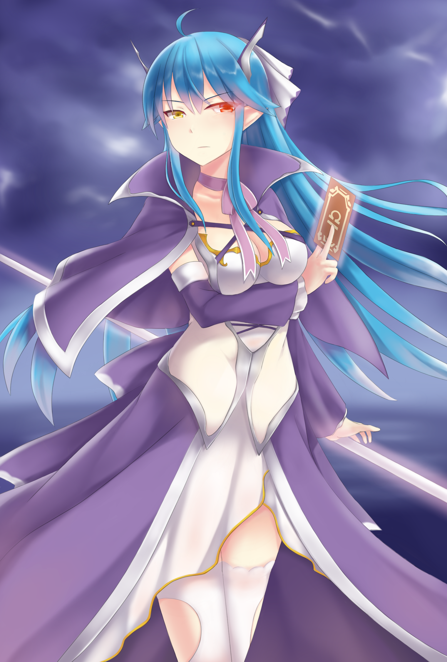 Anime girl with blue hair and red eyes holding a card HD Wallpaper