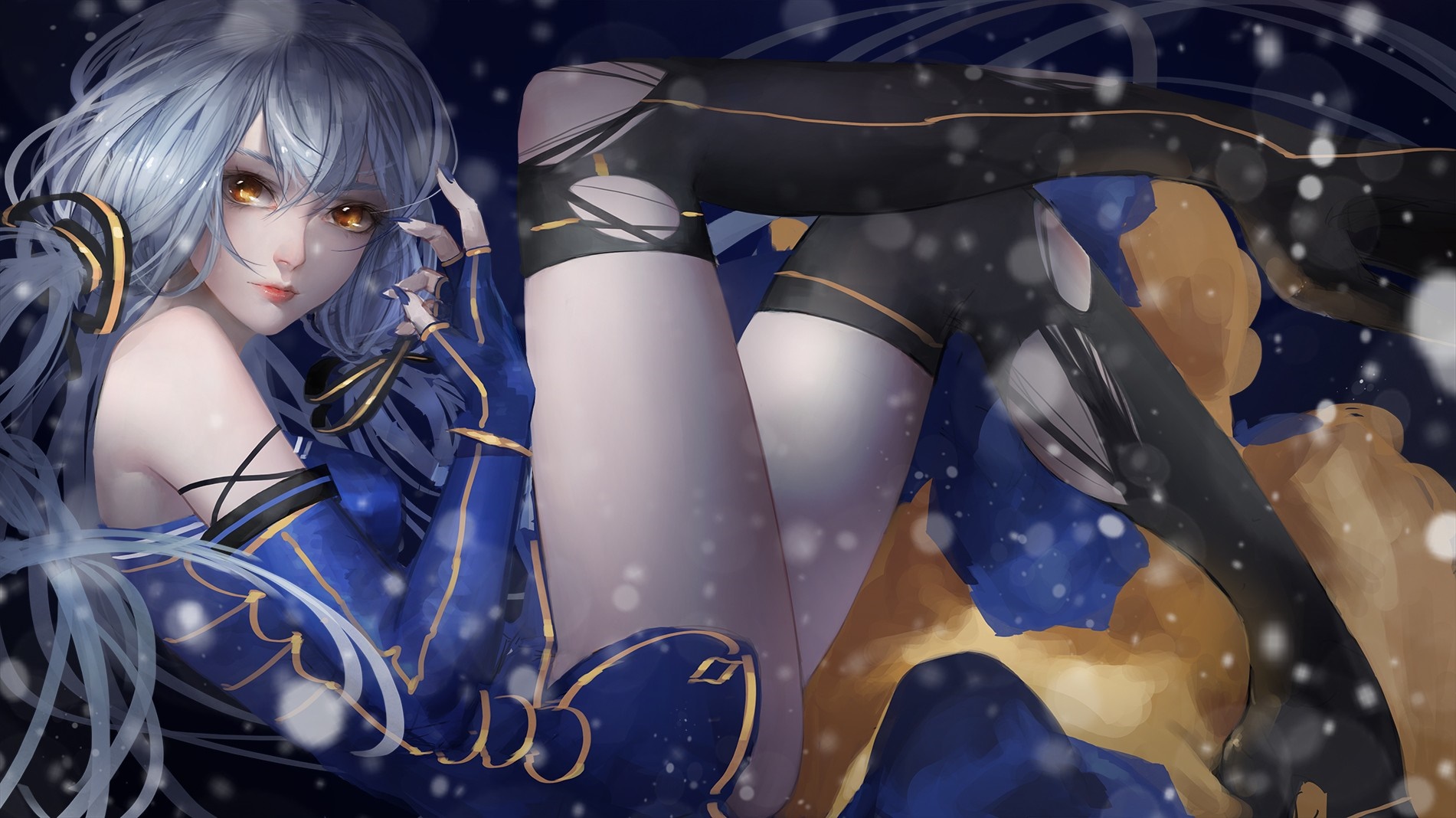 Long-haired anime girl in blue outfit with thigh-highs HD Wallpaper