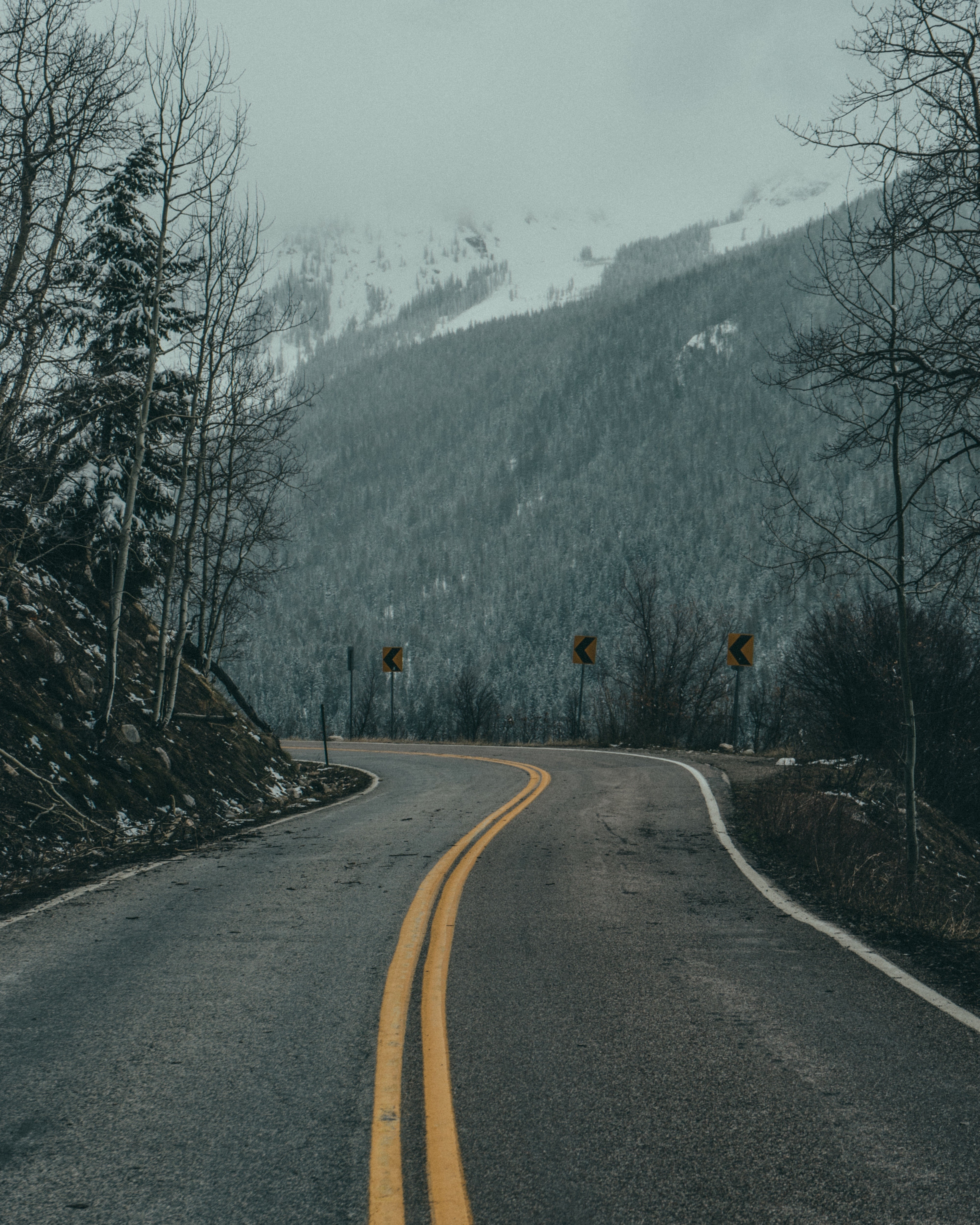 Winding mountain road in winter with snow-covered trees HD Wallpaper