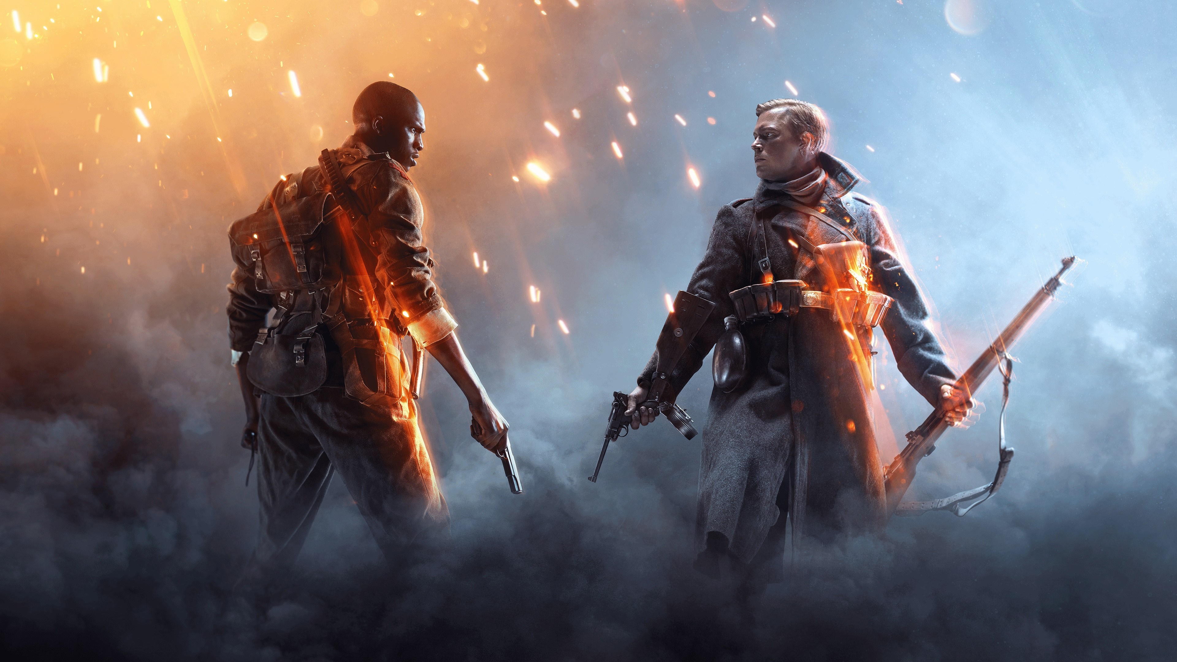 Two soldiers from Battlefield 1 in a fiery battlefield HD Wallpaper