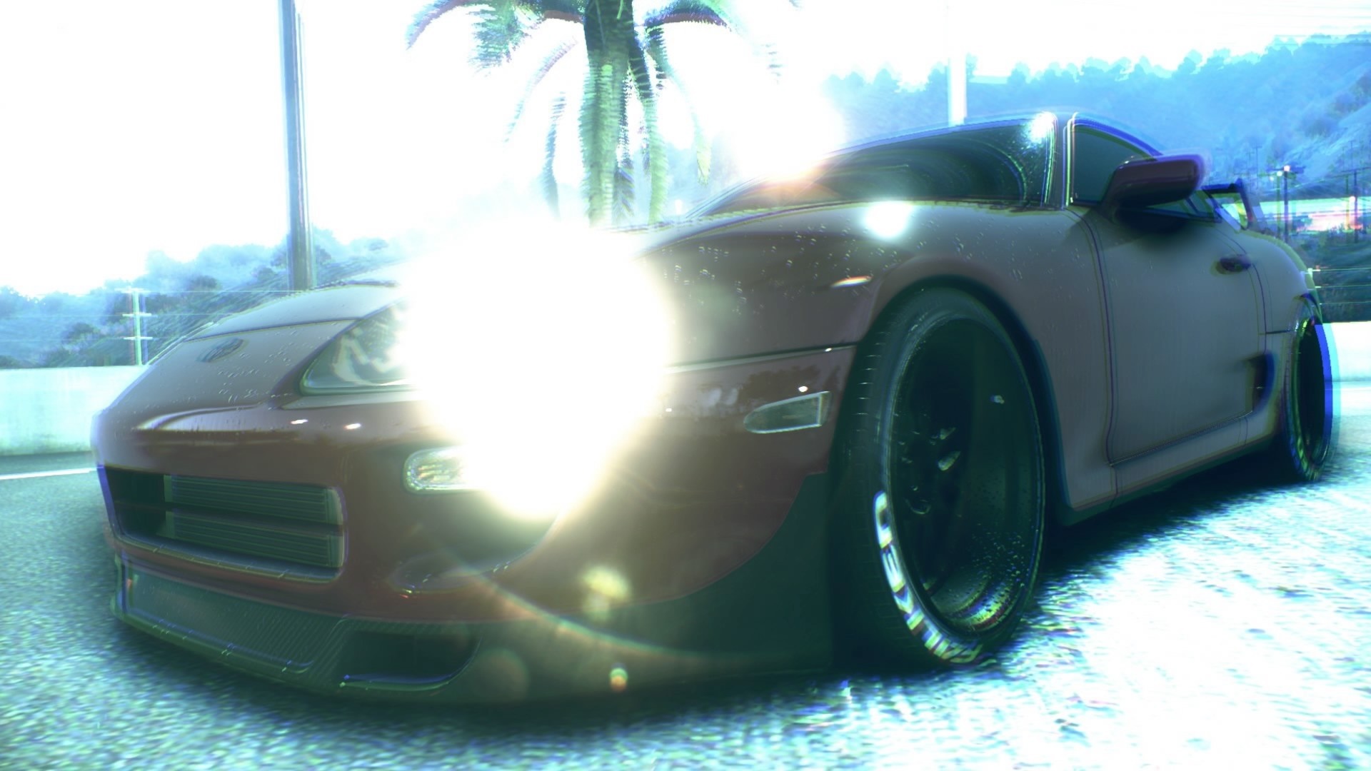 Red Toyota Supra sports car with bright headlights HD Wallpaper