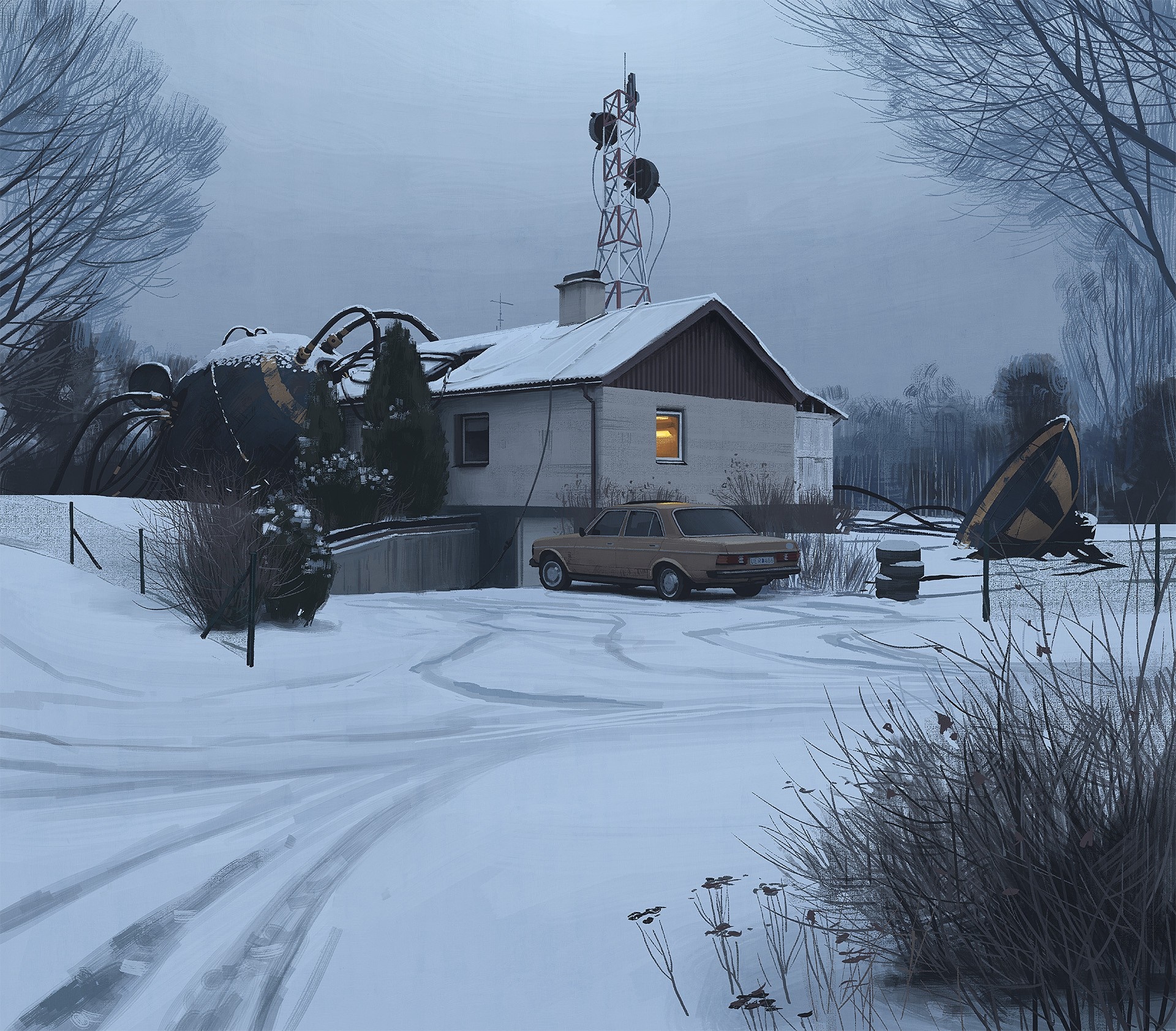 Winter scene with a house, car, and strange machinery HD Wallpaper