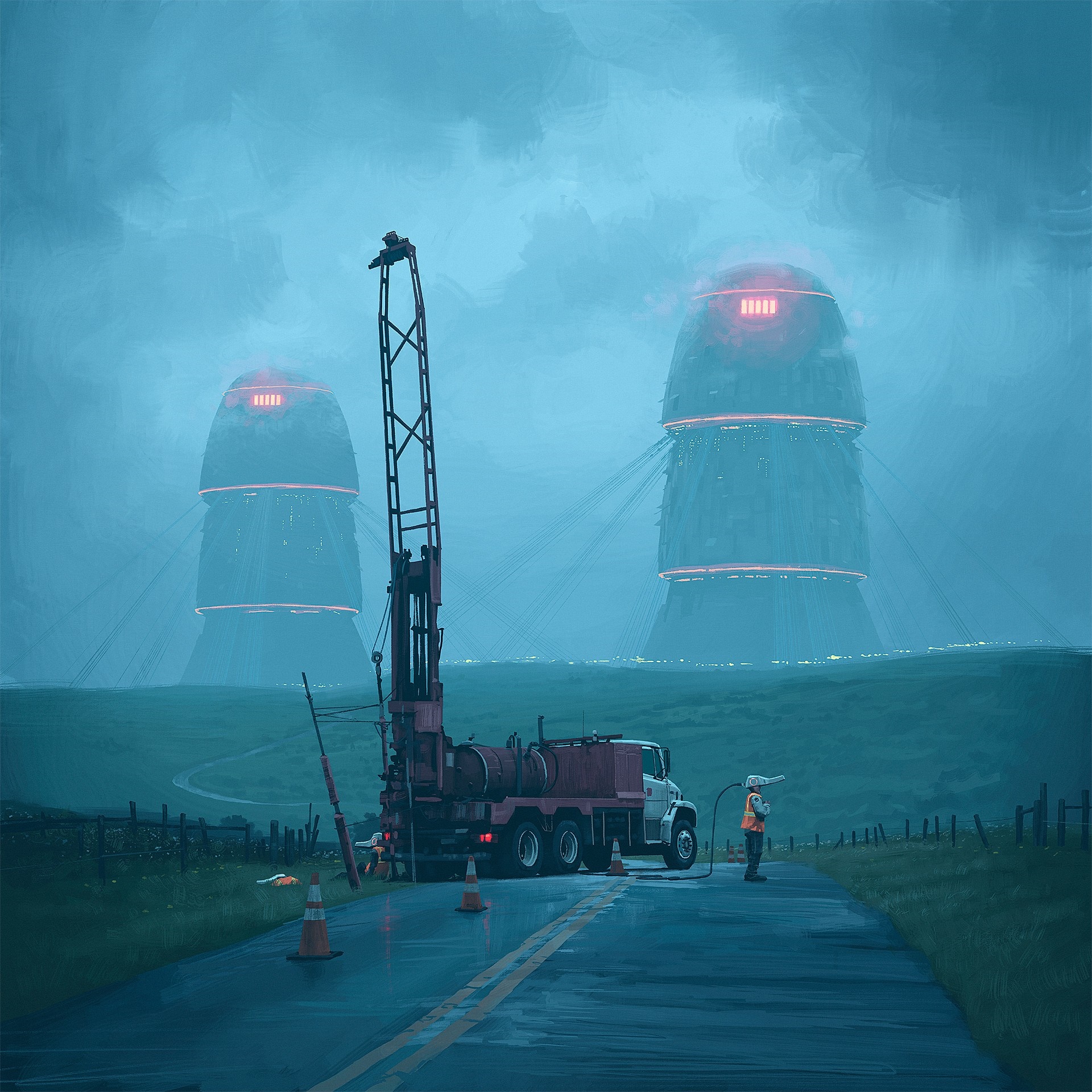 Drilling rig and futuristic towers in a foggy landscape HD Wallpaper