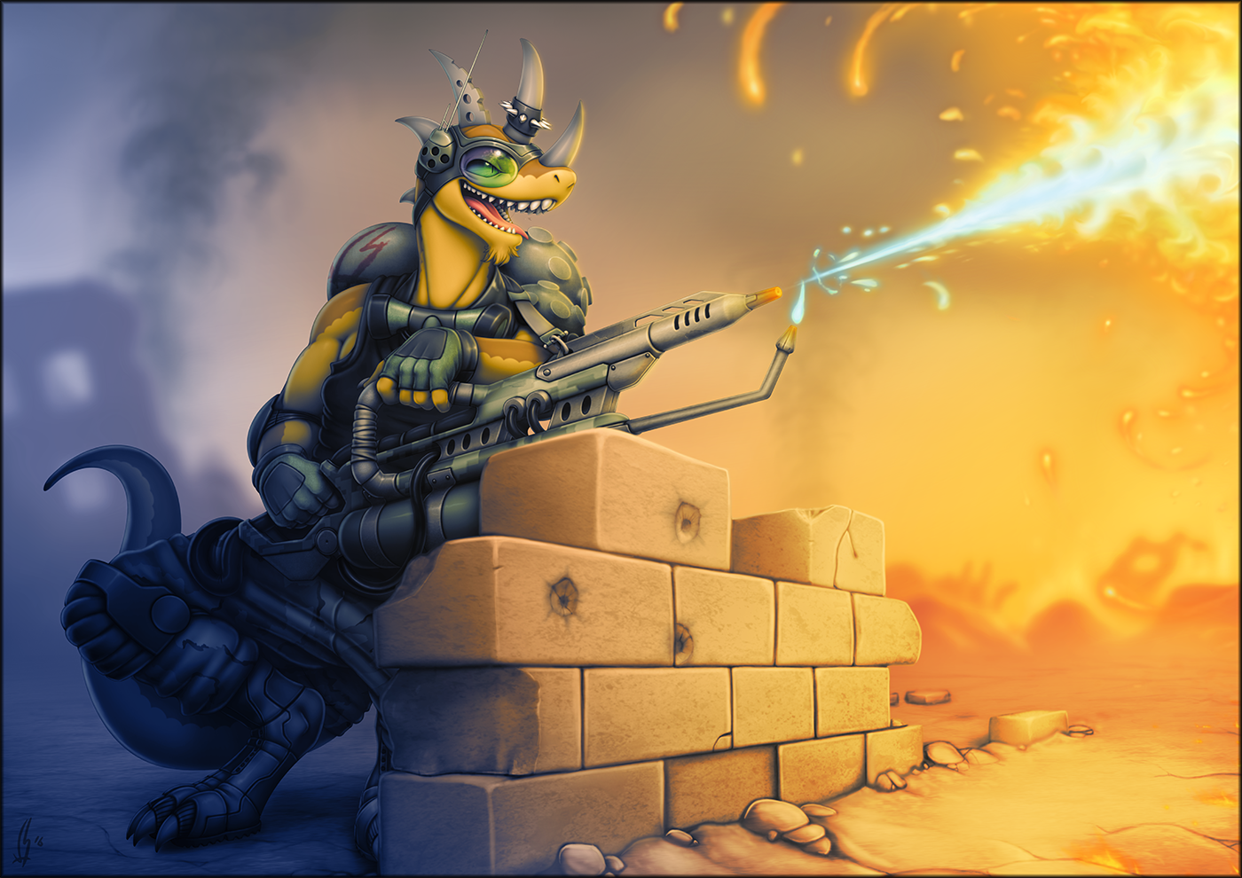 Anthro lizard-like creature with flamethrower behind bricks HD Wallpaper