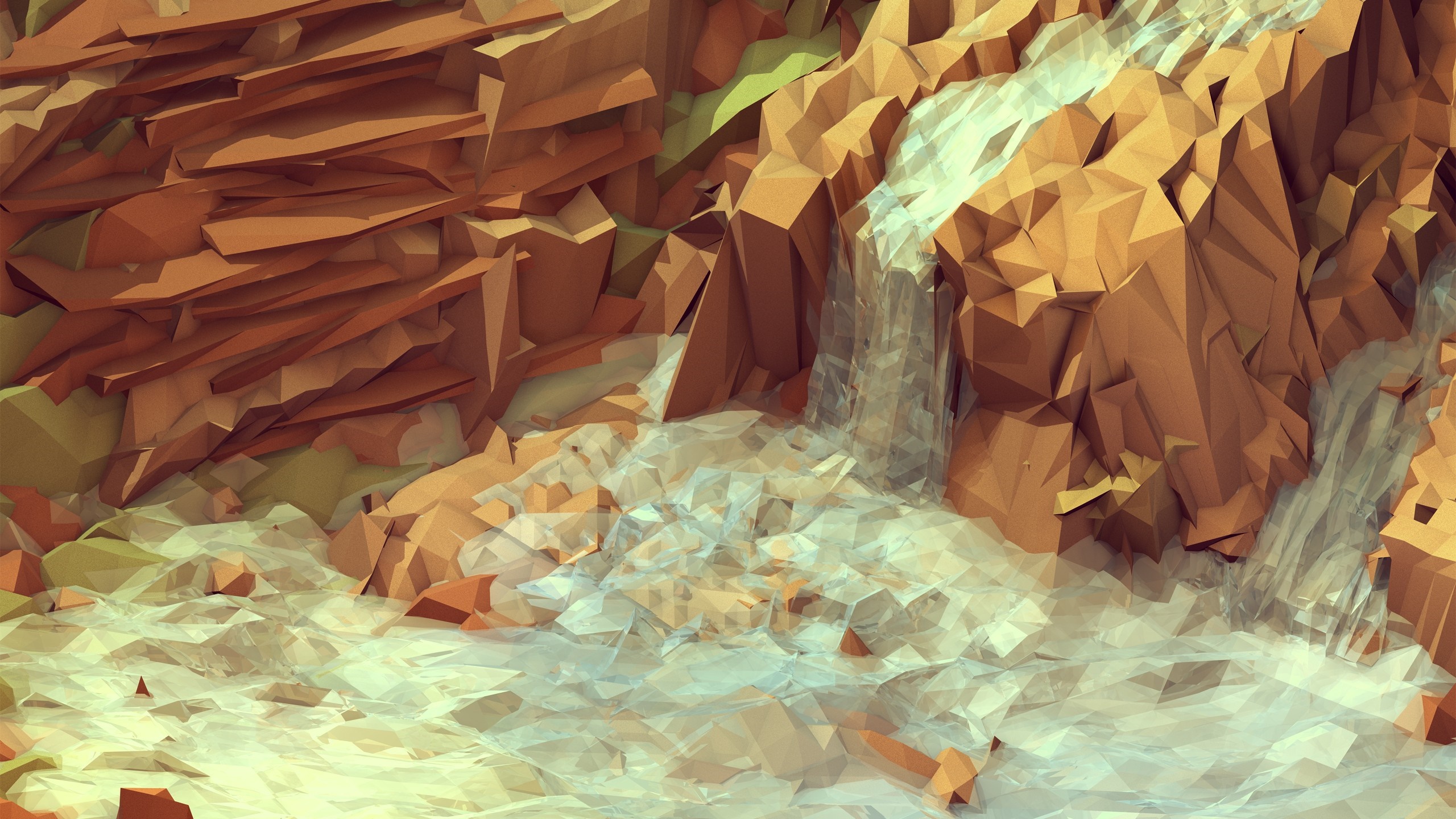 Low poly waterfall and rocks HD Wallpaper