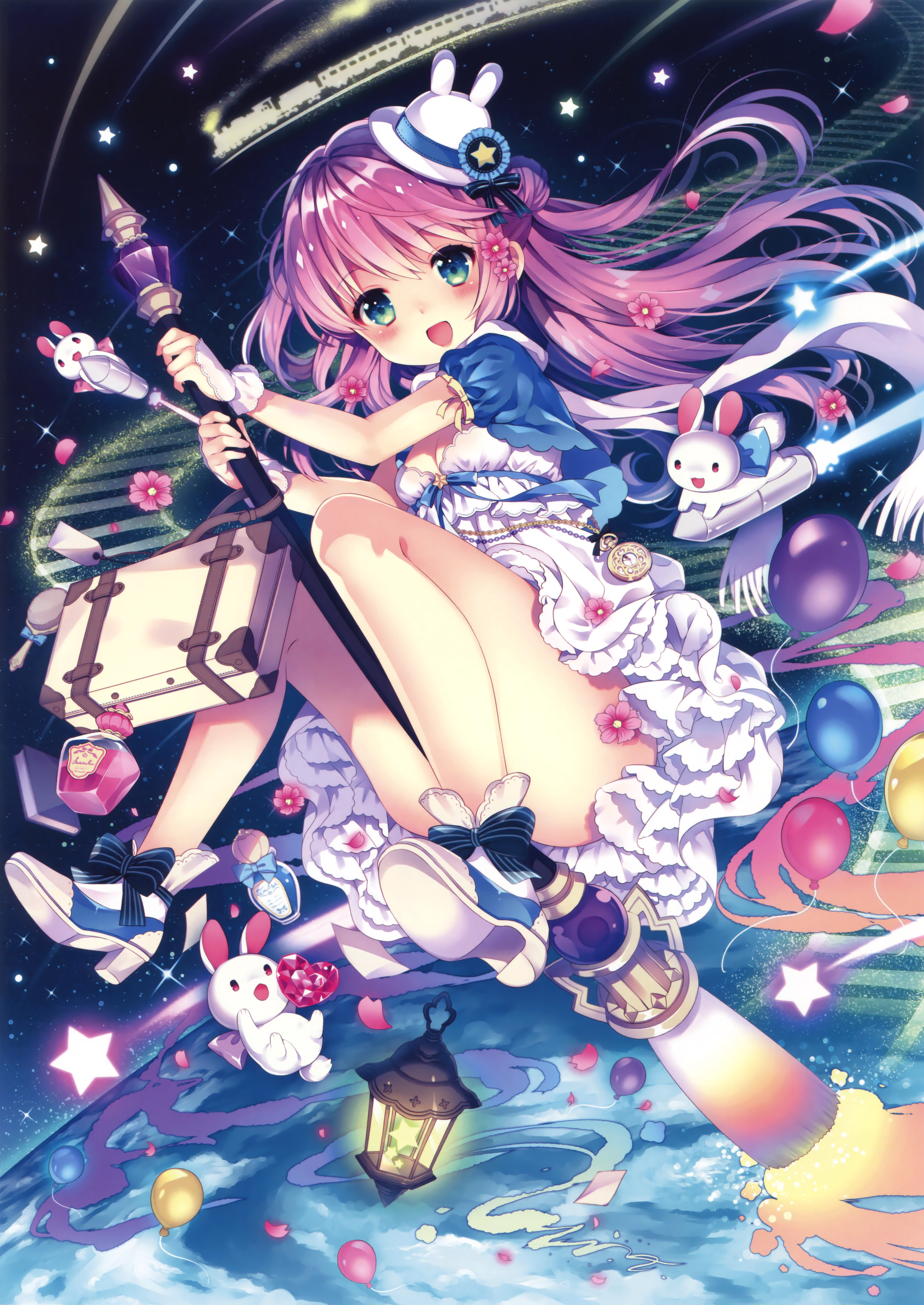Anime girl with pink hair flying on a broomstick HD Wallpaper