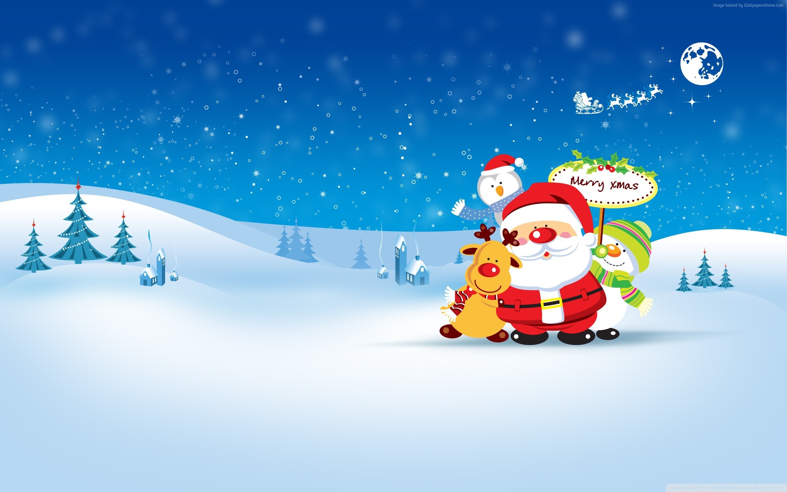 Santa Claus, reindeer, snowman, penguin, and Christmas trees in winter HD Wallpaper
