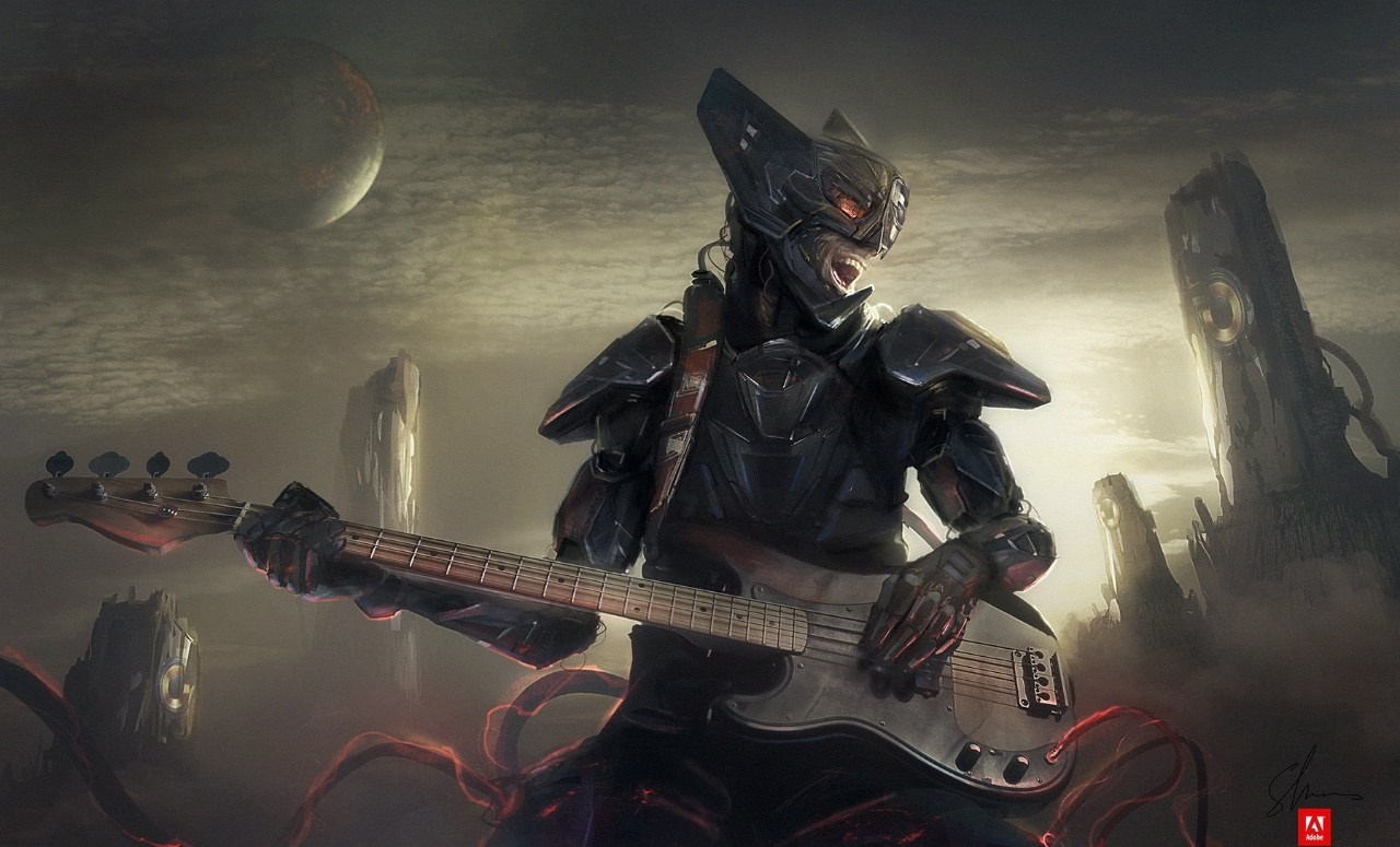 Fantasy art of a robot playing a bass guitar HD Wallpaper