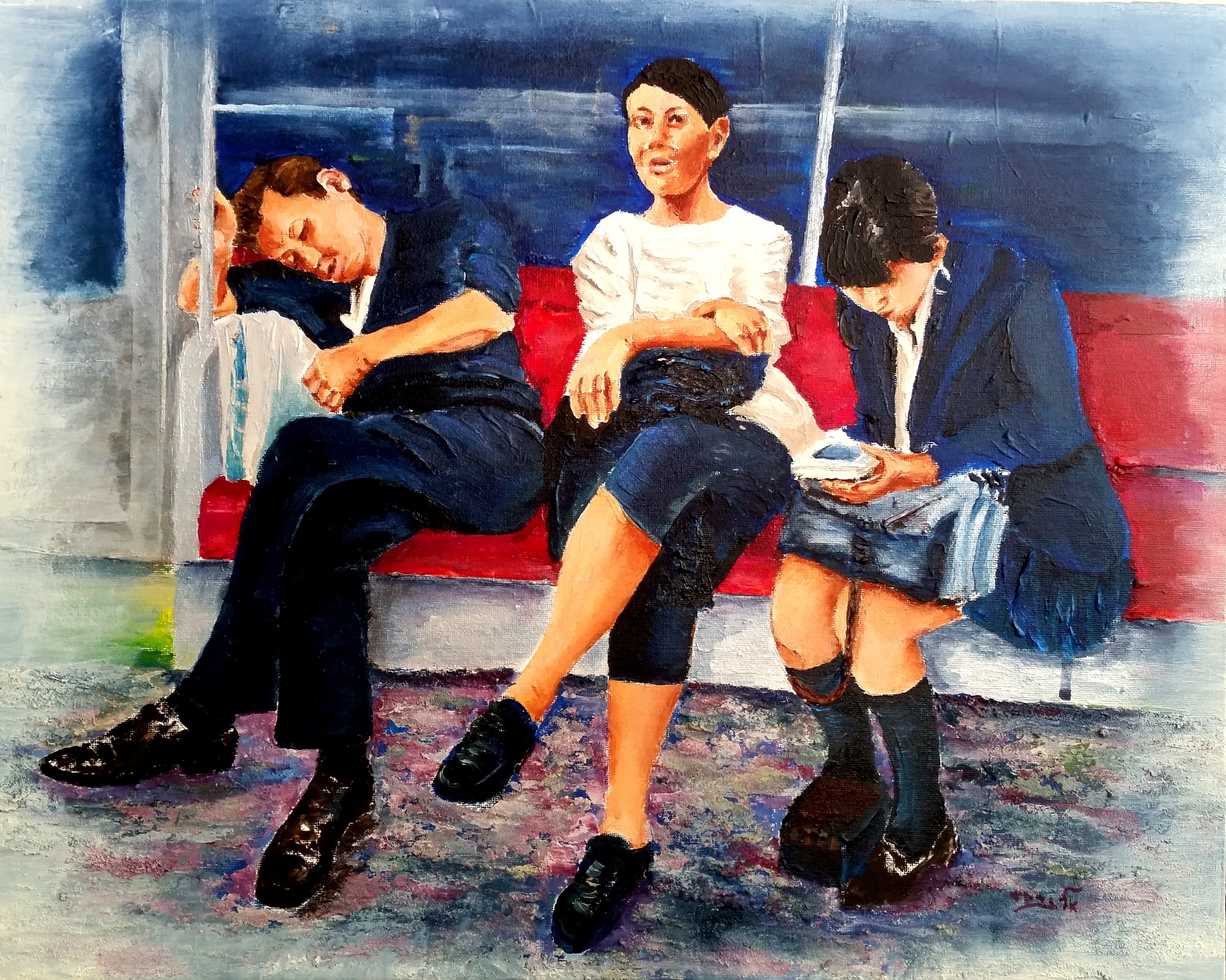 Painting of people sleeping and looking at phones on a train HD Wallpaper
