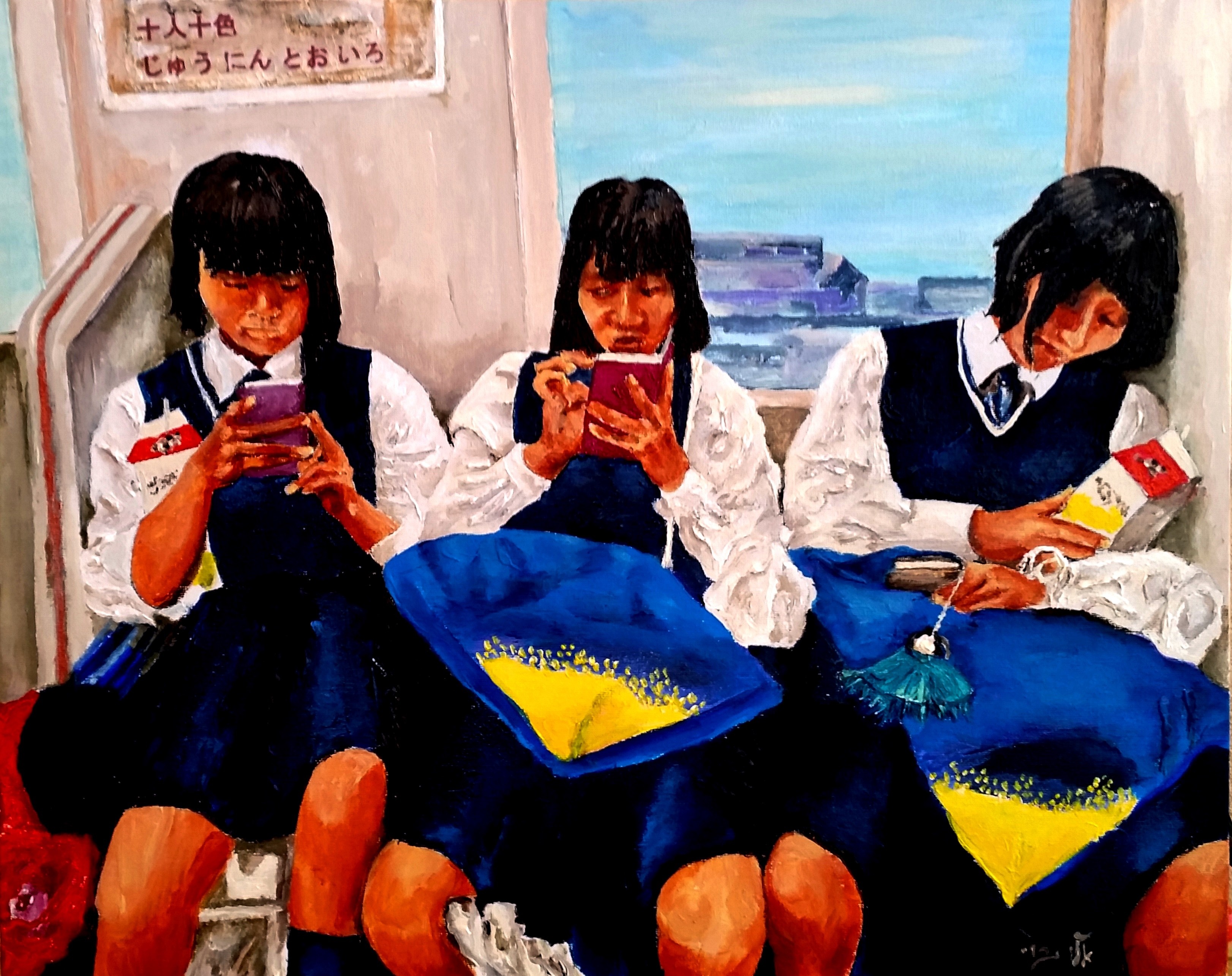 Three schoolgirls on a train looking at their phones HD Wallpaper