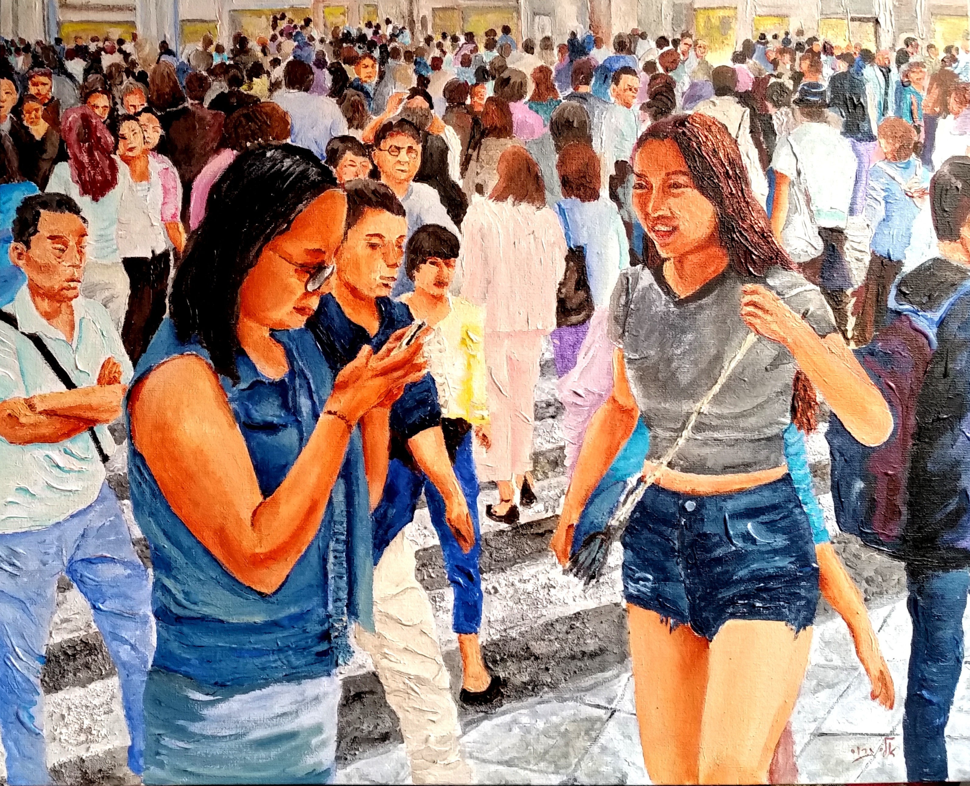 Painting of a crowd of people walking HD Wallpaper