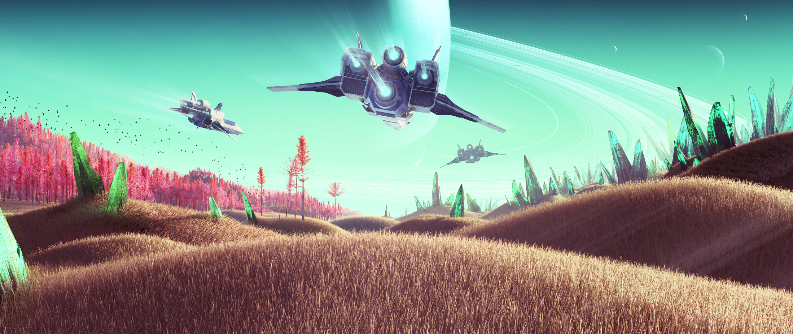 Spaceships flying over alien planet in No Man's Sky HD Wallpaper