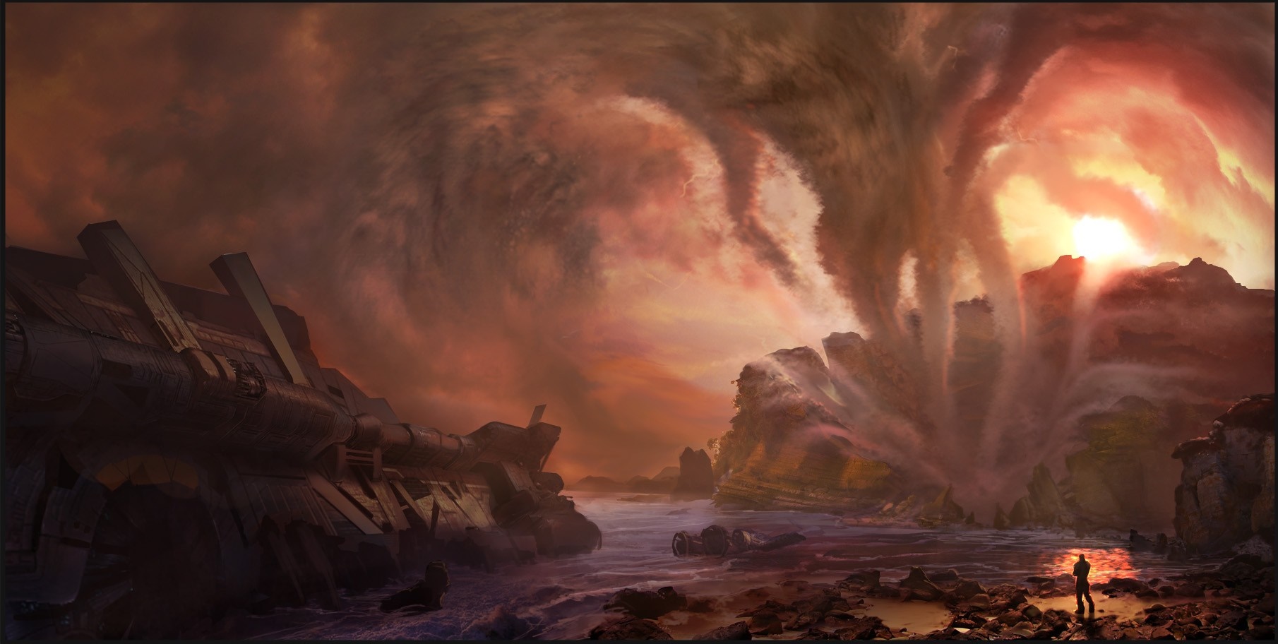 Spaceship wreckage near a massive storm and rocky coast HD Wallpaper
