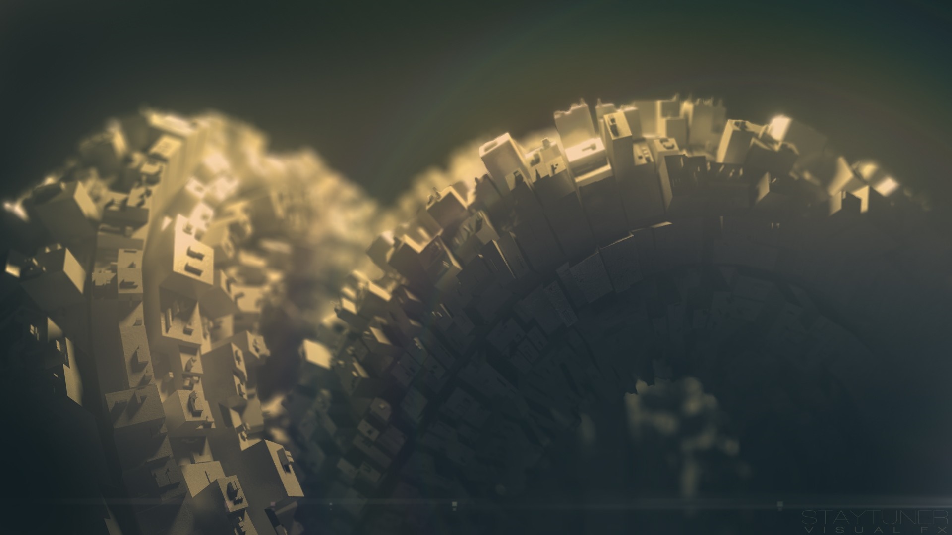 Abstract spherical city with golden light HD Wallpaper