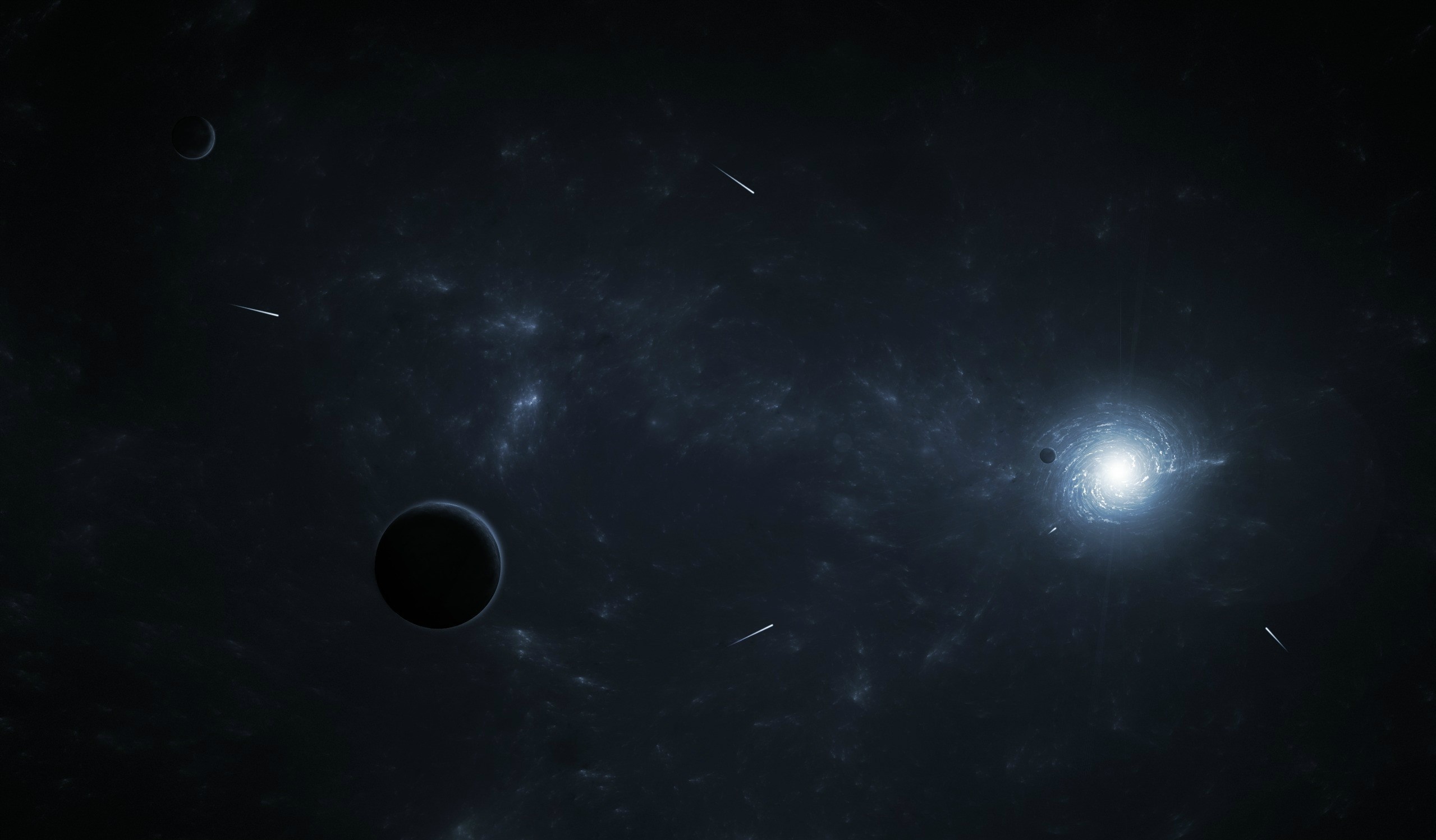 Planets and meteors in a dark galaxy with a bright nebula HD Wallpaper