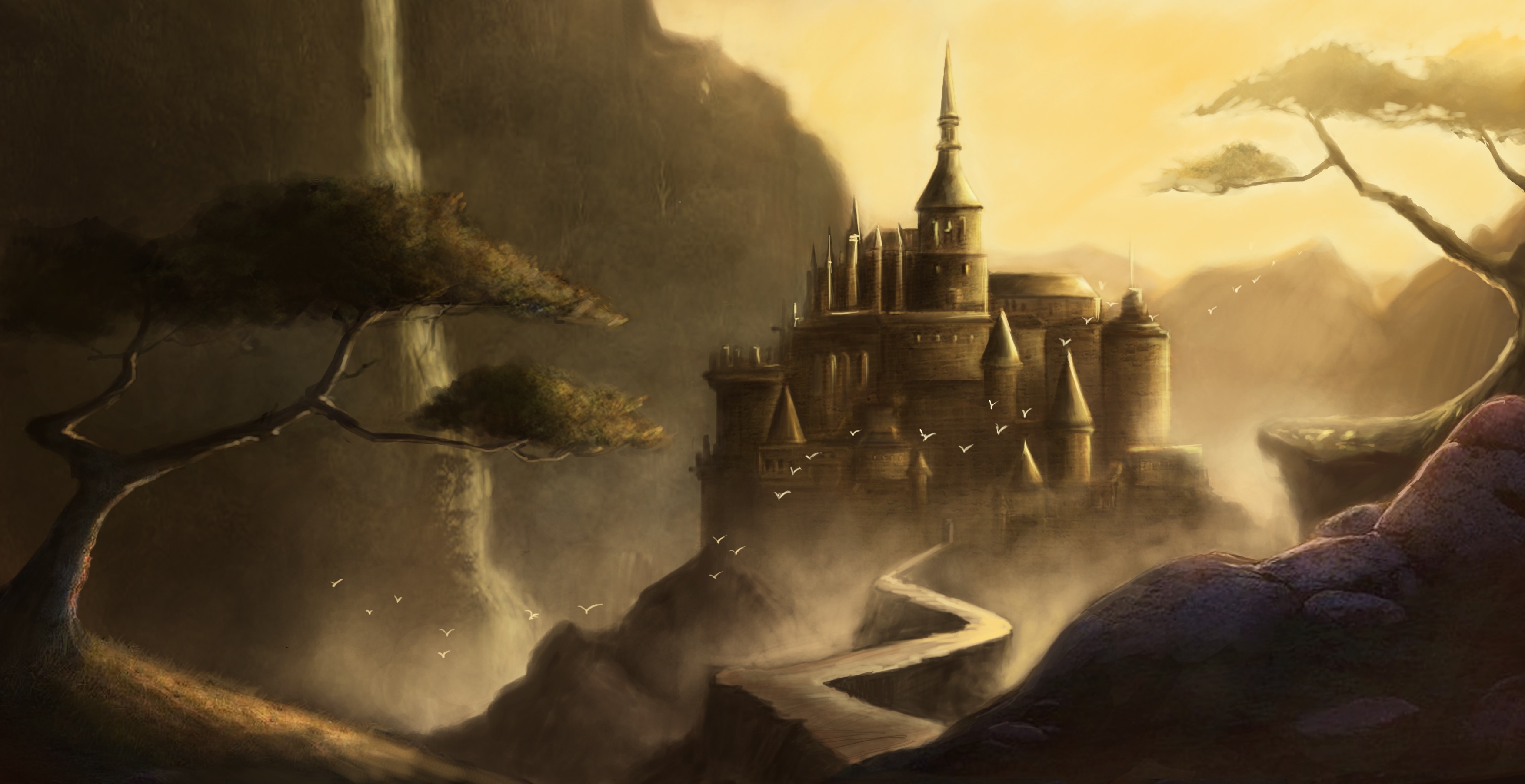 Fantasy castle on a mountain with a winding path and birds HD Wallpaper