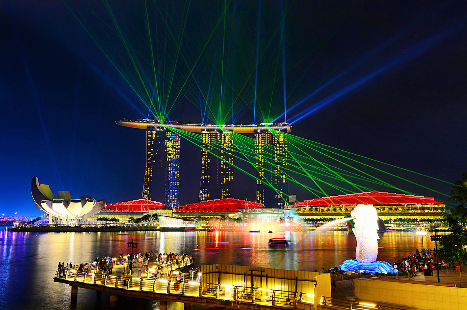Marina Bay Sands Singapore at night with laser show HD Wallpaper
