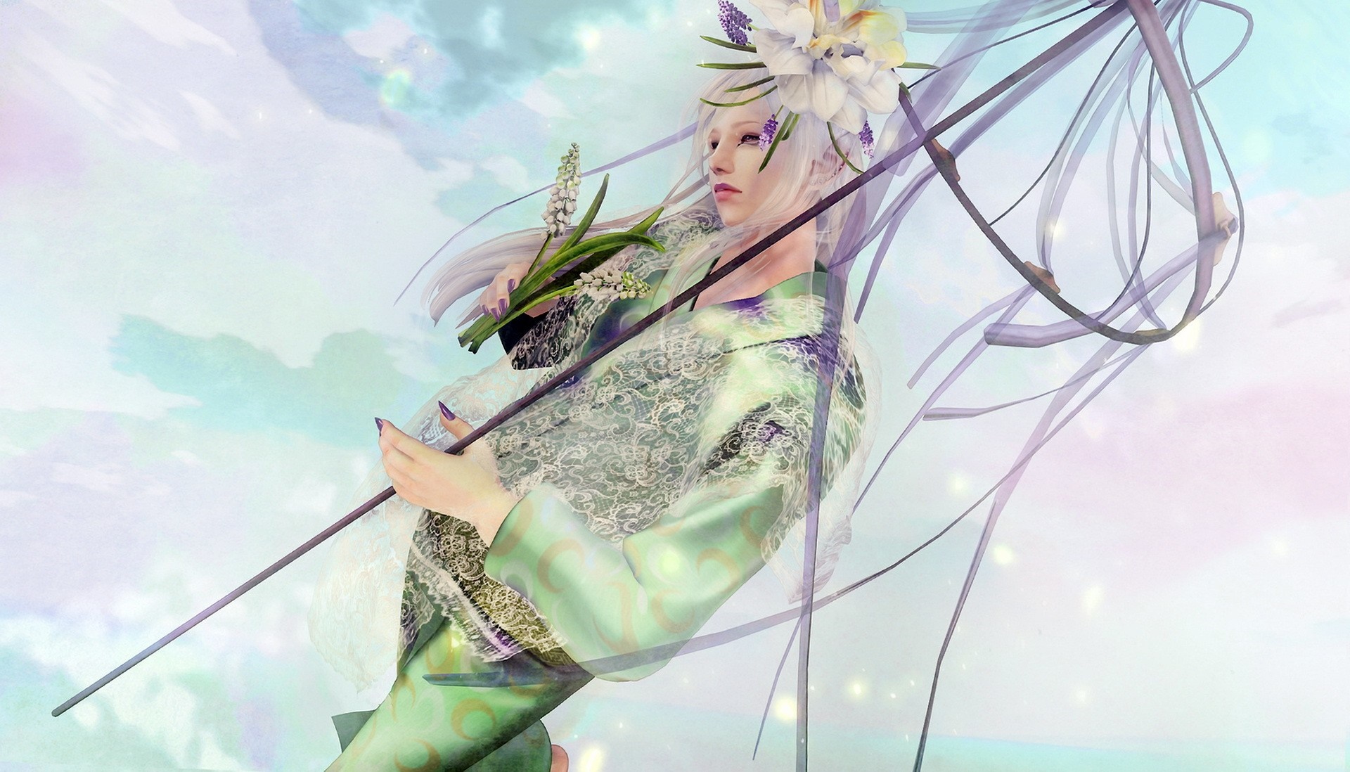 Fantasy girl with flowers and umbrella HD Wallpaper