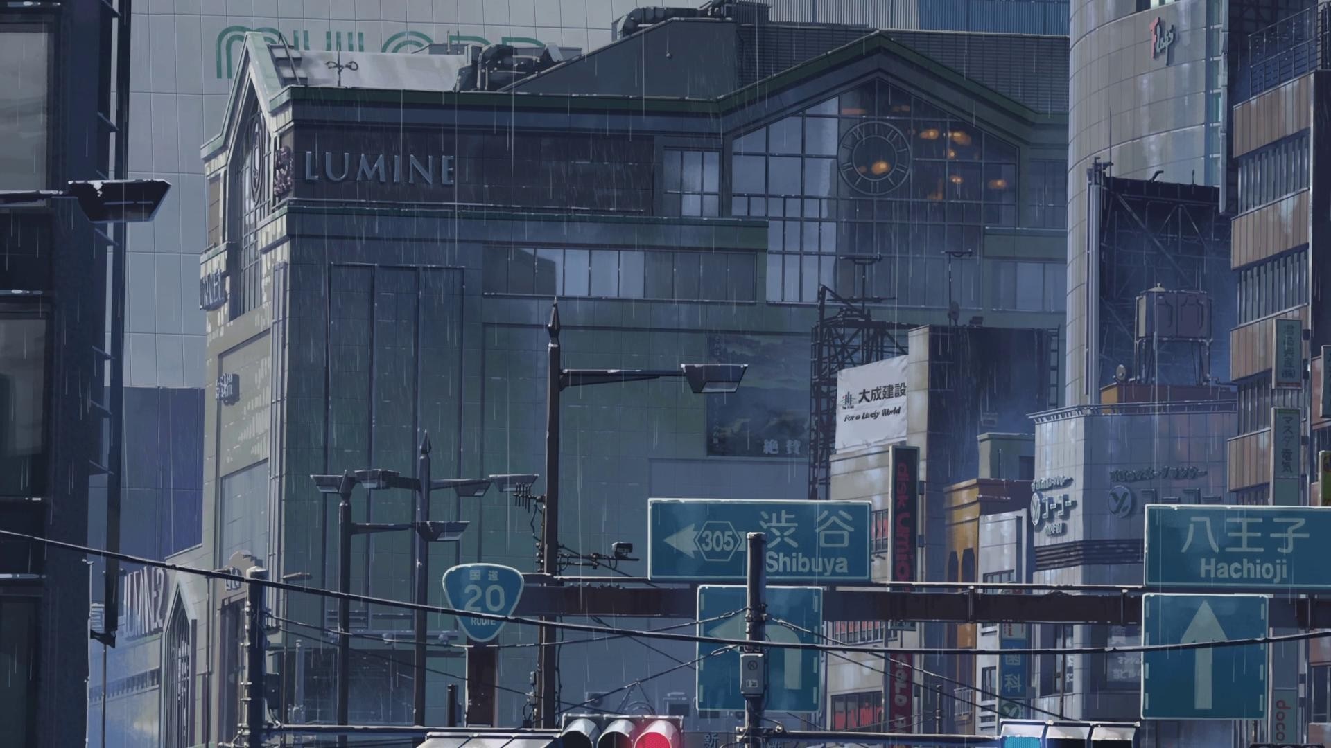 Anime city street with signs in the rain HD Wallpaper