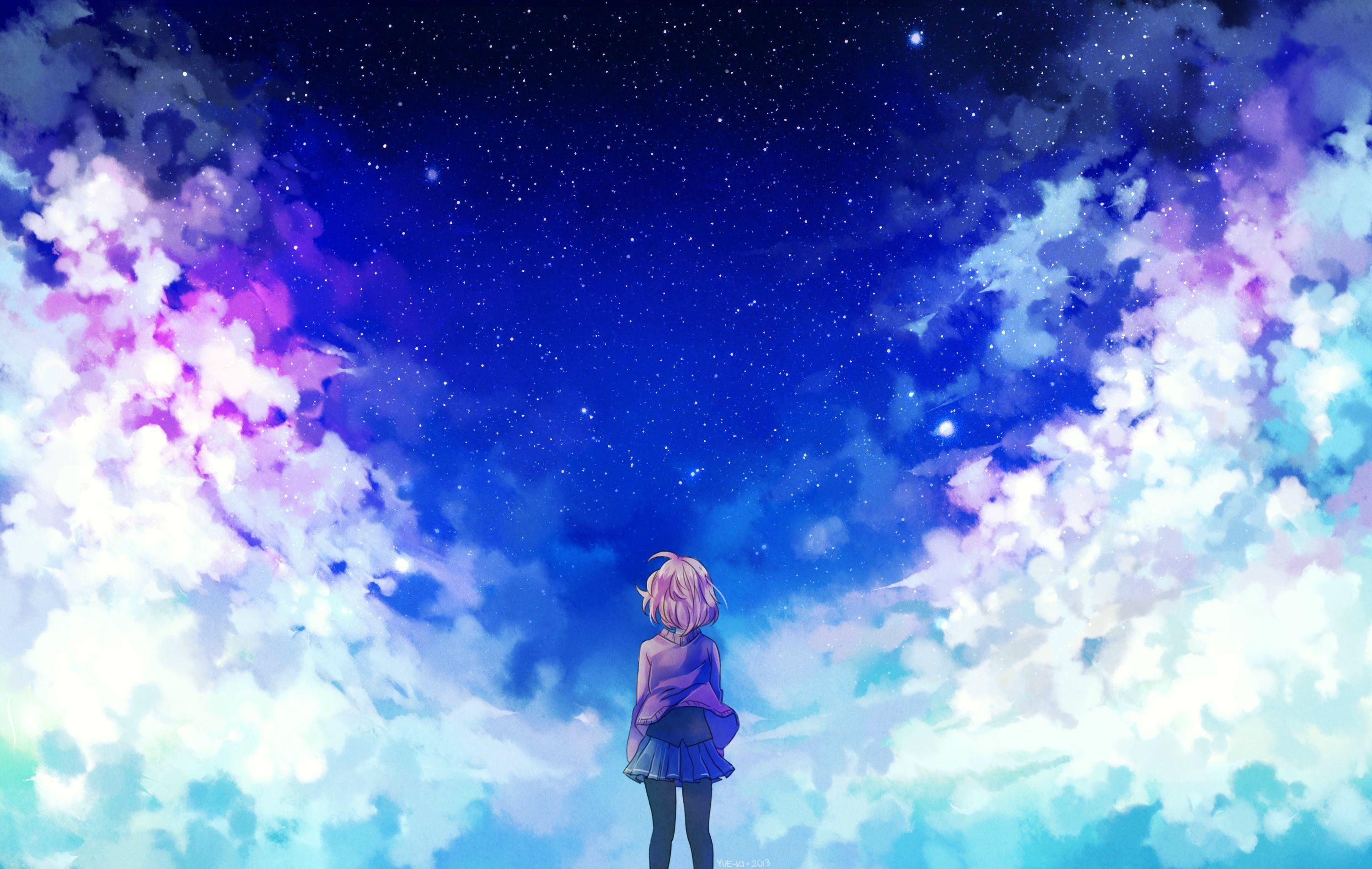 Anime girl looking up at a starry sky with colorful clouds HD Wallpaper