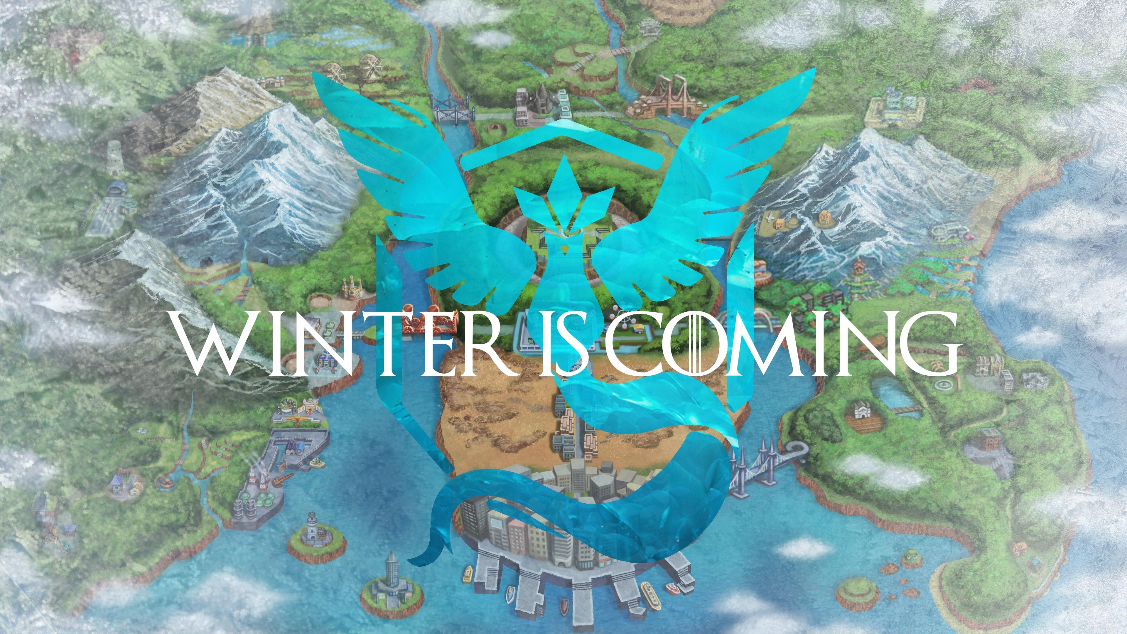 Team Mystic logo over a map with "Winter is Coming" text HD Wallpaper