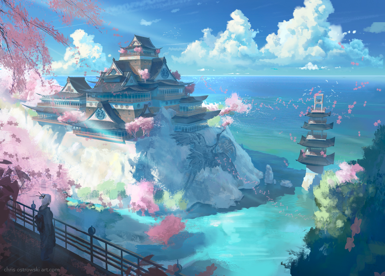 Serene Fantasy Japanese Coastal Castle with Cherry Blossoms HD Wallpaper