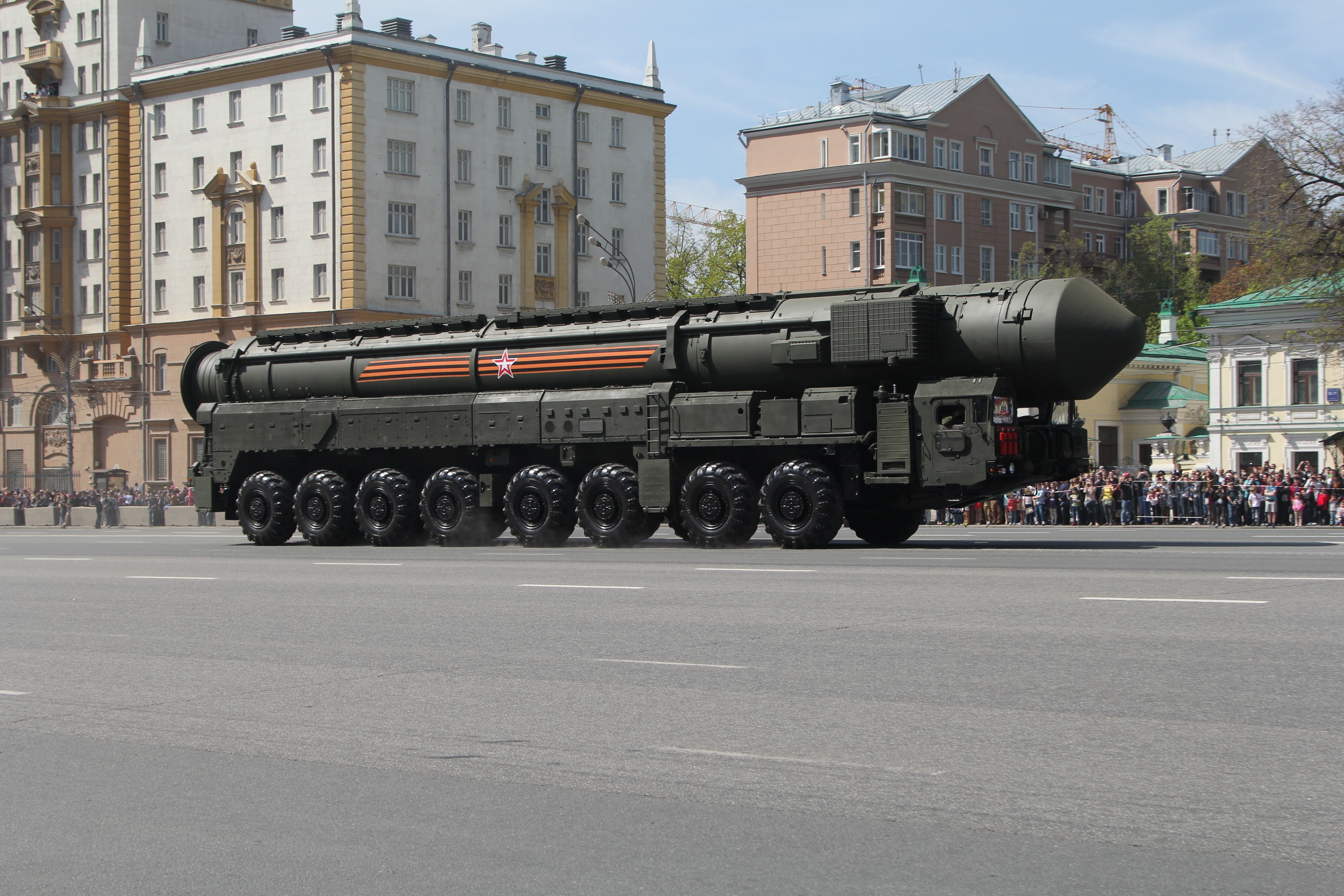 RS-24 Yars ICBM on a transport vehicle during a parade HD Wallpaper