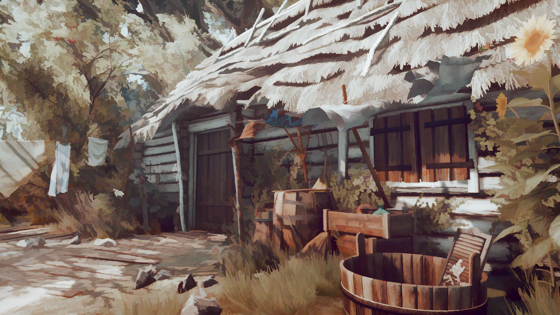 Hut with laundry and barrels in The Witcher 3 HD Wallpaper