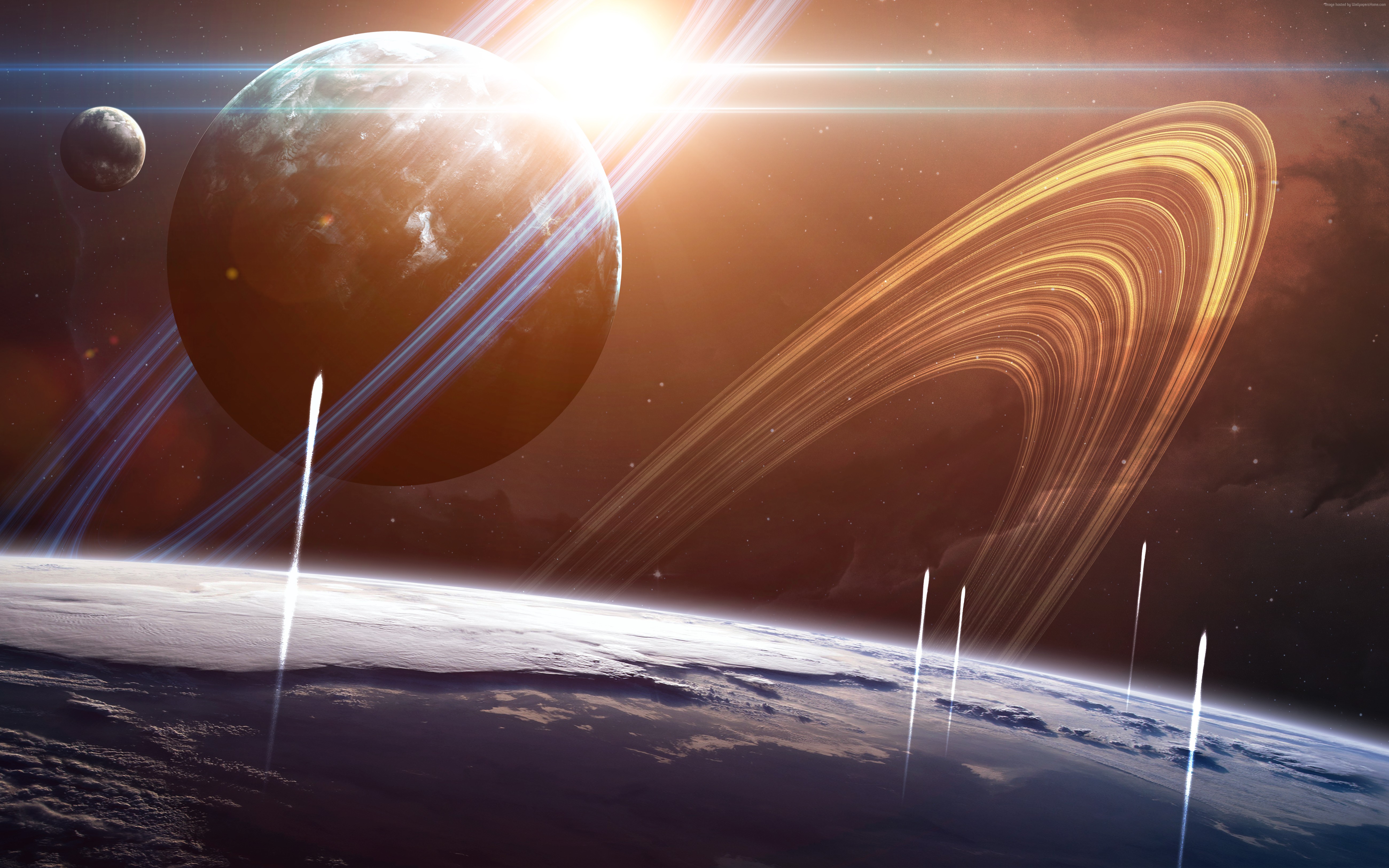 Saturn and Earth with rings and rockets HD Wallpaper
