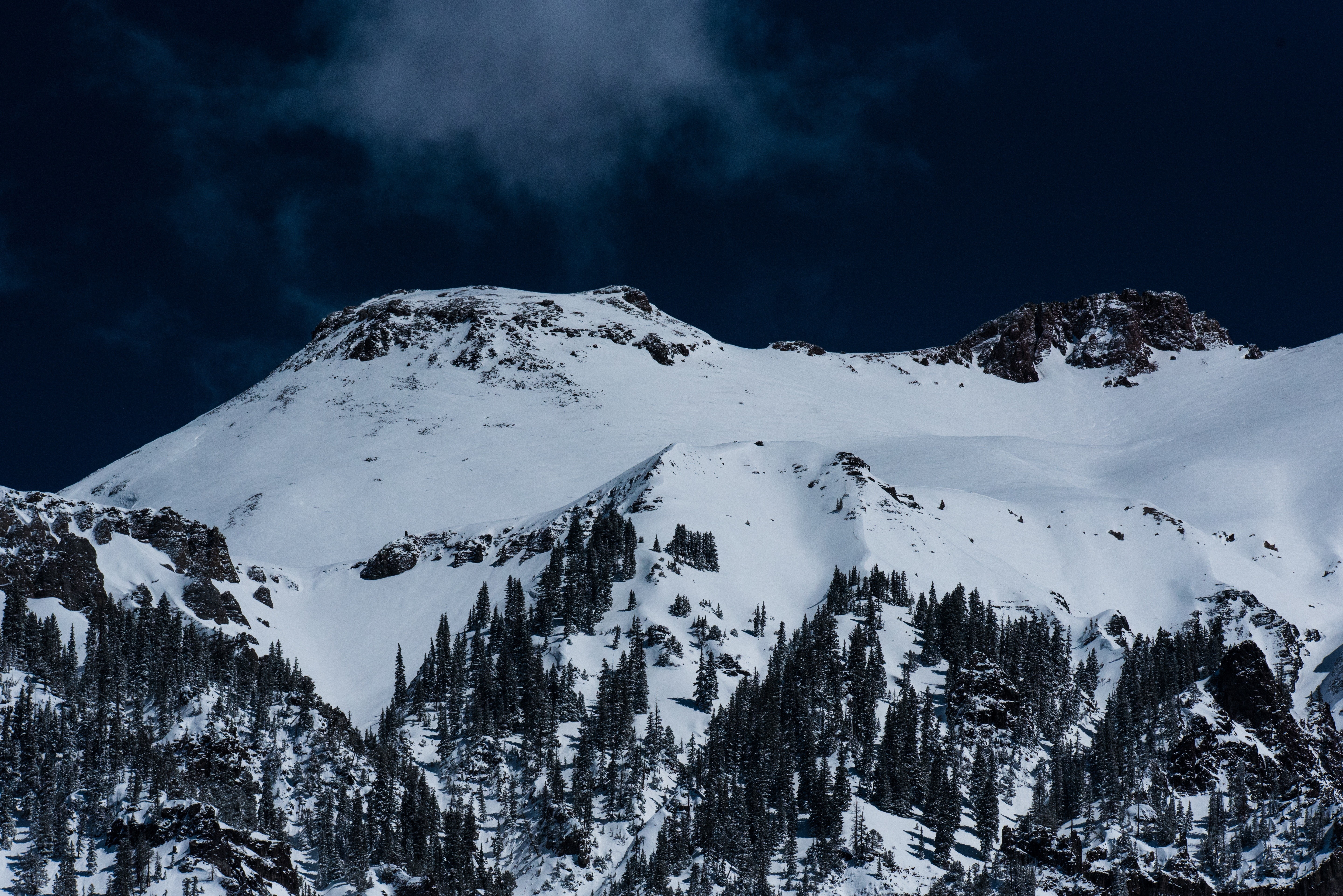Snow-covered mountains with pine trees under a dark sky HD Wallpaper